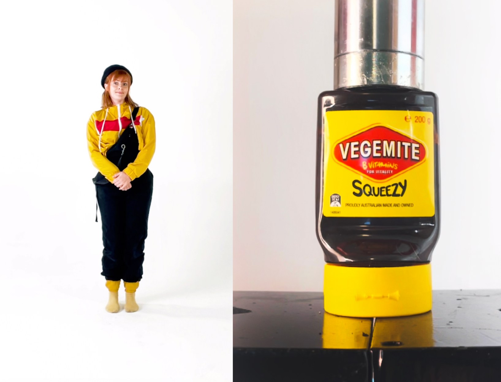 Smac McCreanor's work Vegemite from her Hydraulic Press Girl series, 2022.