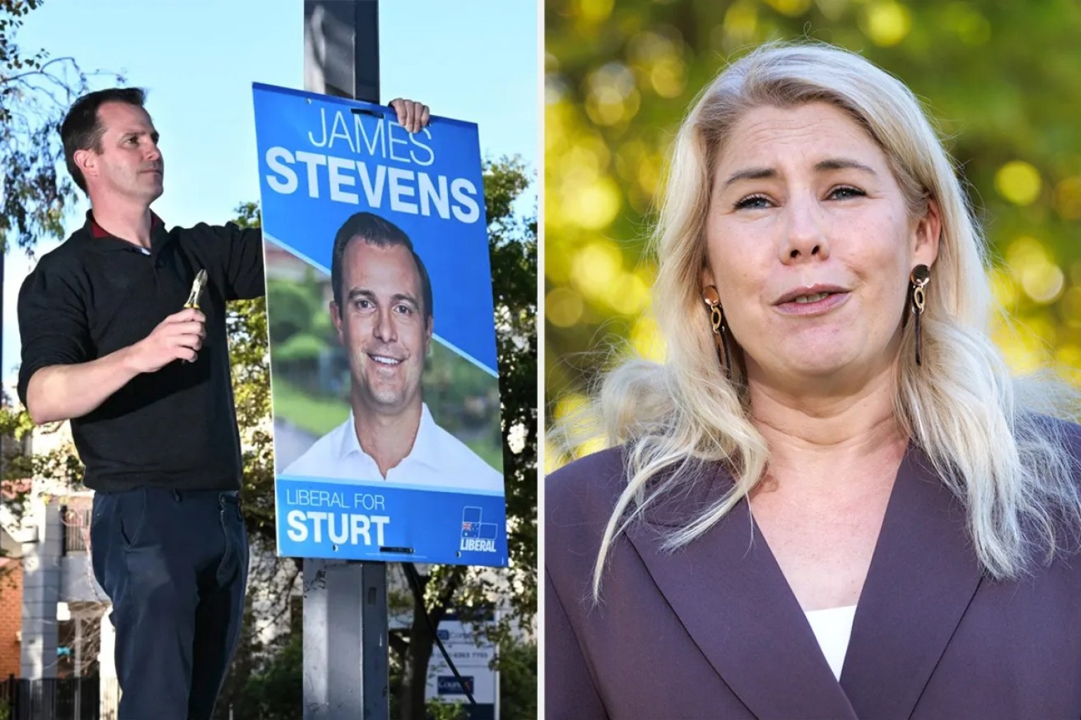 Liberal MP for Sturt James Stevens and Greens candidate for Sturt Katie McCusker. Left photo: Michael Errey/InDaily, right photo: Tony Lewis/InDaily