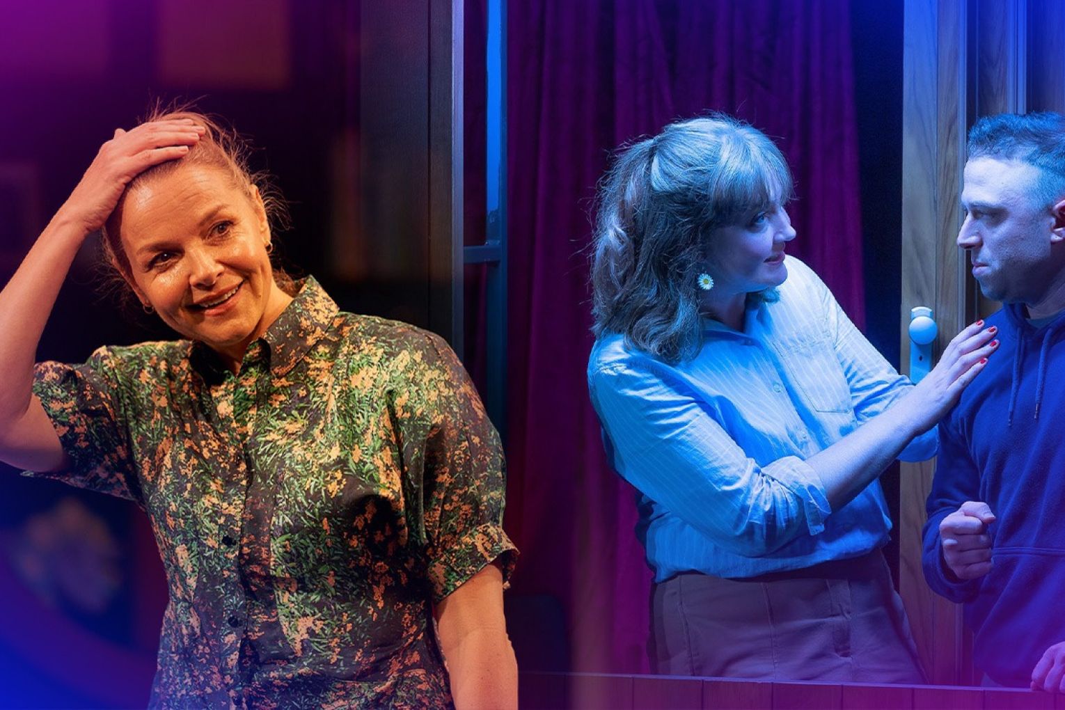 Justine Clarke in 'Girls & Boys' and Ashton Malcolm and James Smith in 'Euphoria'. Photos: Sam Roberts and Chris Herzfeld