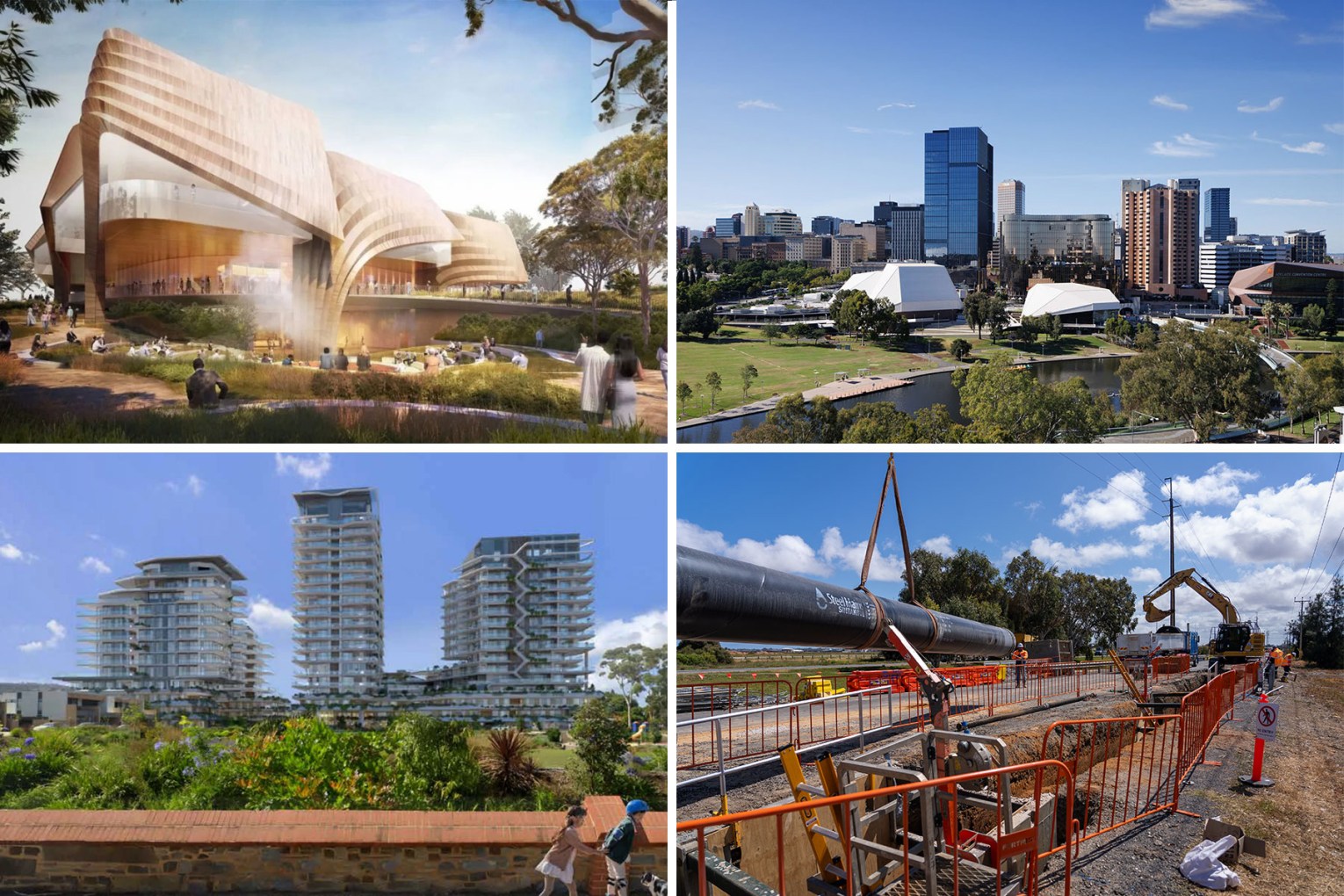 Plans for an Aboriginal cultural centre on North Terrace (top left) and 20-storey towers in Glenside (bottom left) are among some of the key development issues that will impact 2024. 