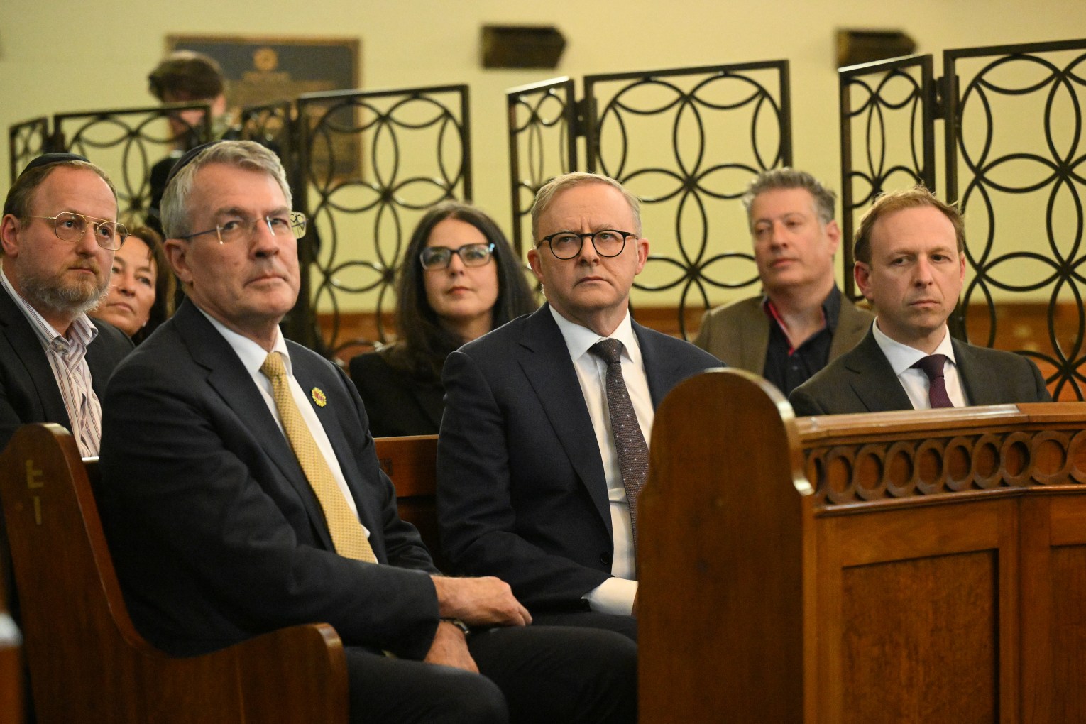 Attorney-General Mark Dreyfus and Prime Minister Anthony Albanese at a visit to the St Kilda Shule in October 2023. Photo: James Ross/AAP