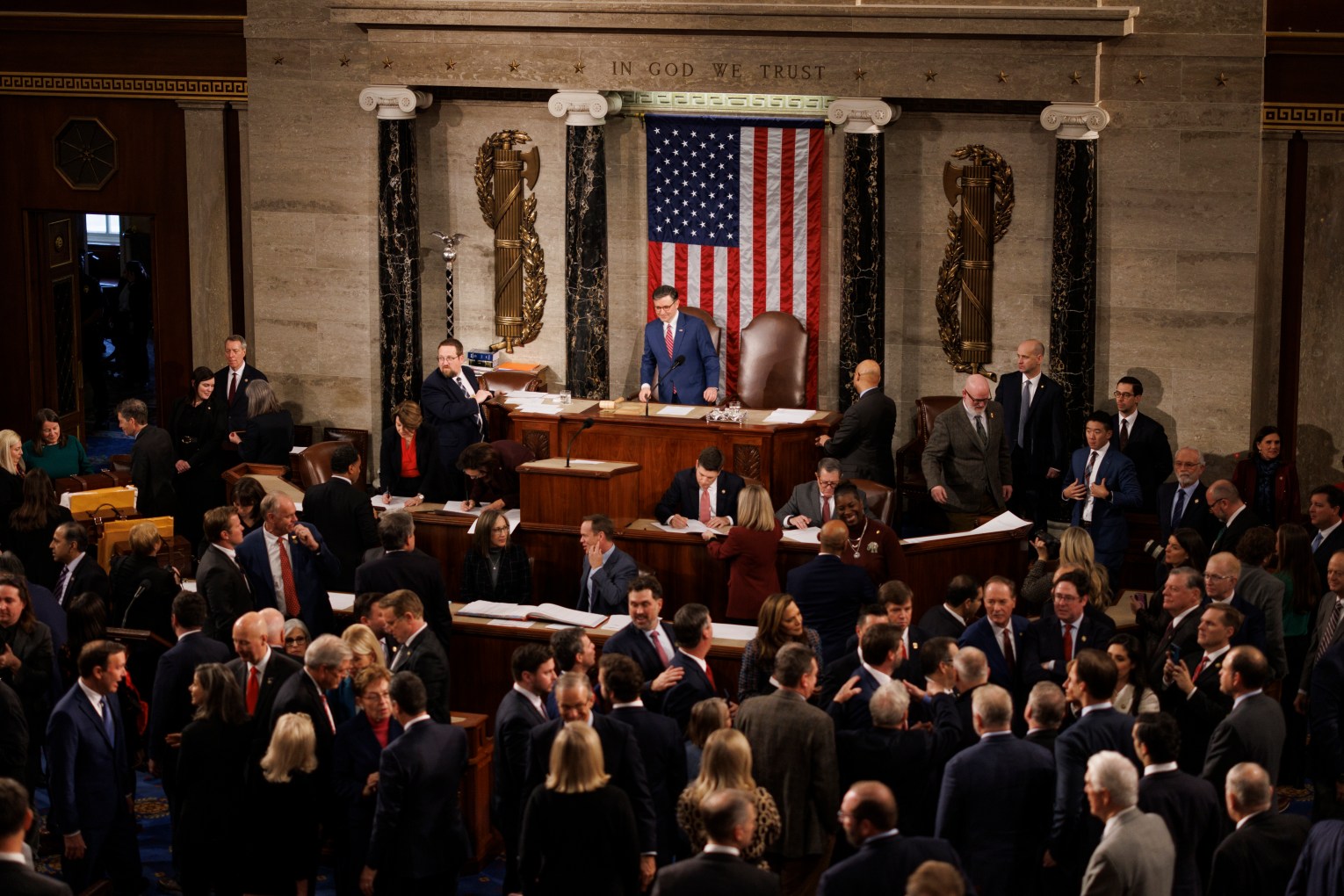 Speaker of the House Mike Johnson during a Joint-Session of Congress in the House Chamber on Monday, January 6th, 2025 to certify the 2024 Presidential Election for President-Elect Donald Trump and Vice President-Elect JD Vance. Photo: Aaron Schwartz/Sipa USA