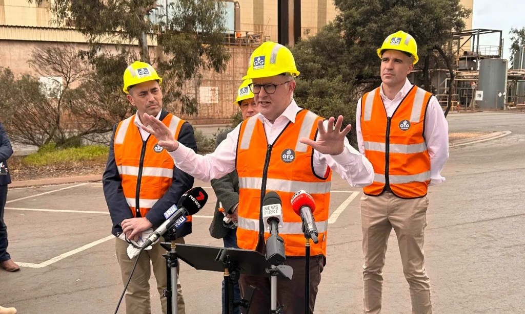 Prime Minister Anthony Albanese and Premier Peter Malinauskas in Whyalla. Photo: David Simmons/InDaily