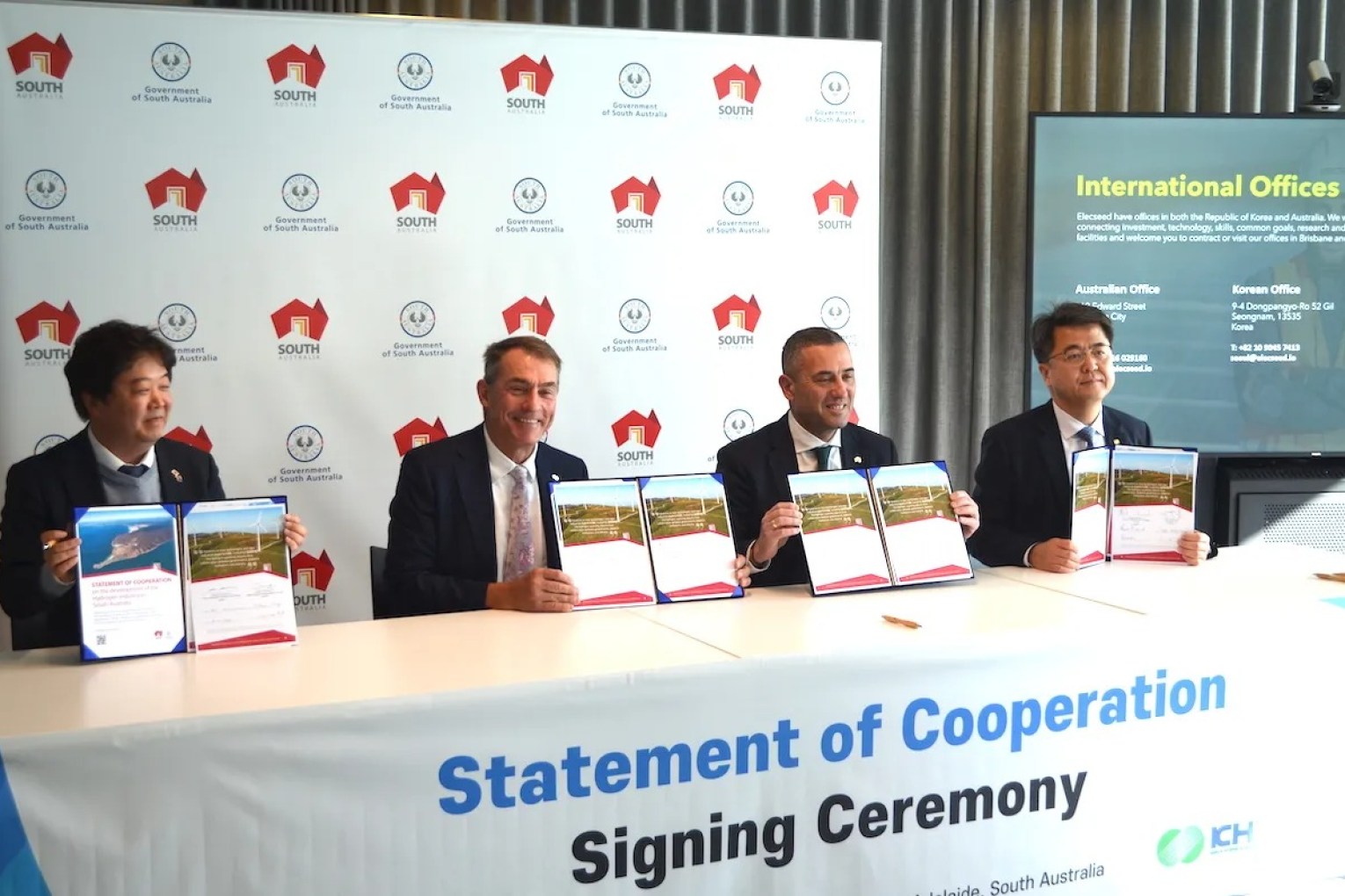 L-R: Mr Kyu Hong Lee, Chief Strategy Officer, Elecseed; Mark Pickard, Managing Director, Hallett Group; Tom Koutsantonis, Minister for Energy and Mining; Dr Philo Jang, Executive Vice President, KHNP. Photo: David Simmons, InDaily.