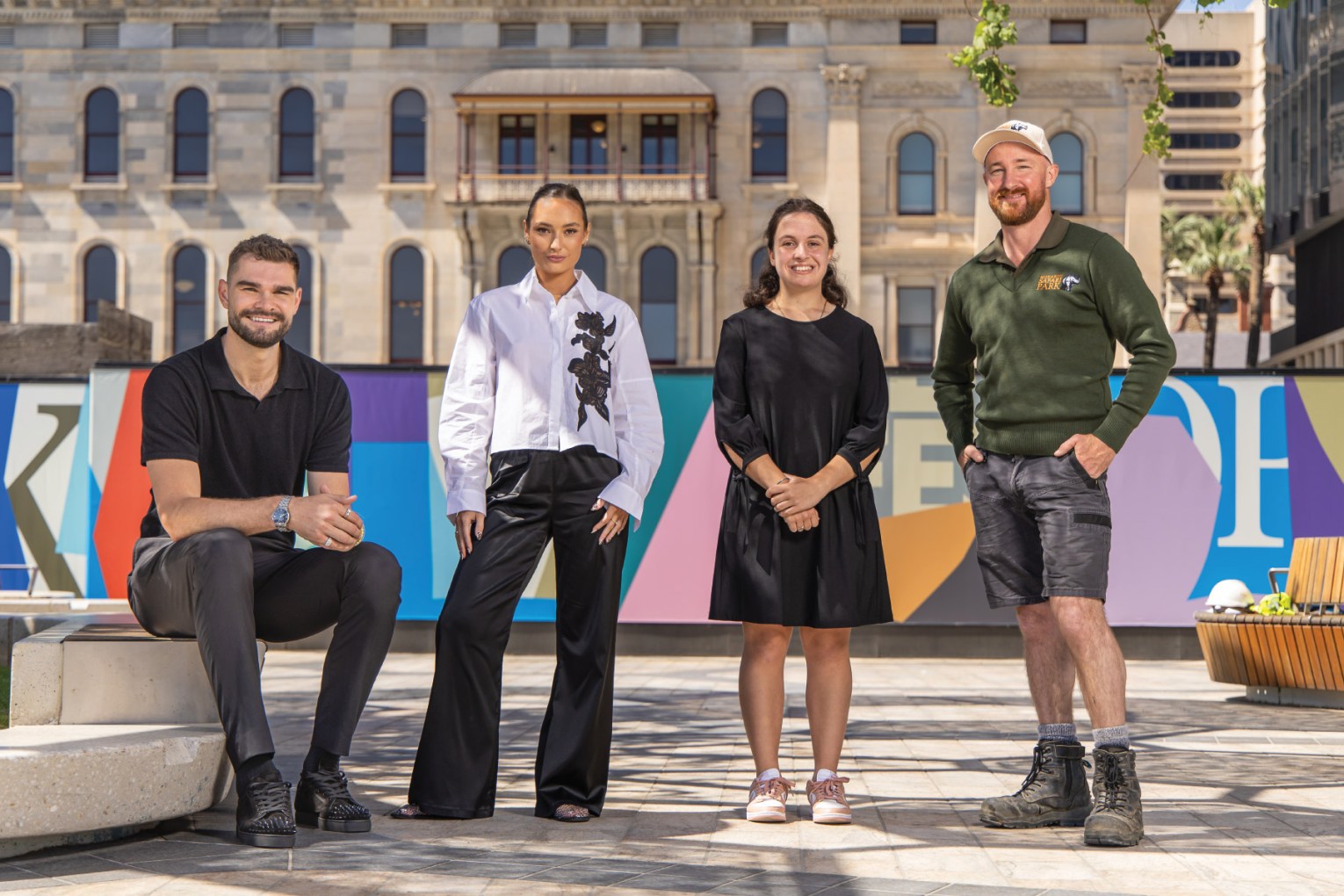 Isaac Humphries, Daisy Buckland, Andriana Petrakis and Odin Neil gather on the Festival Plaza.