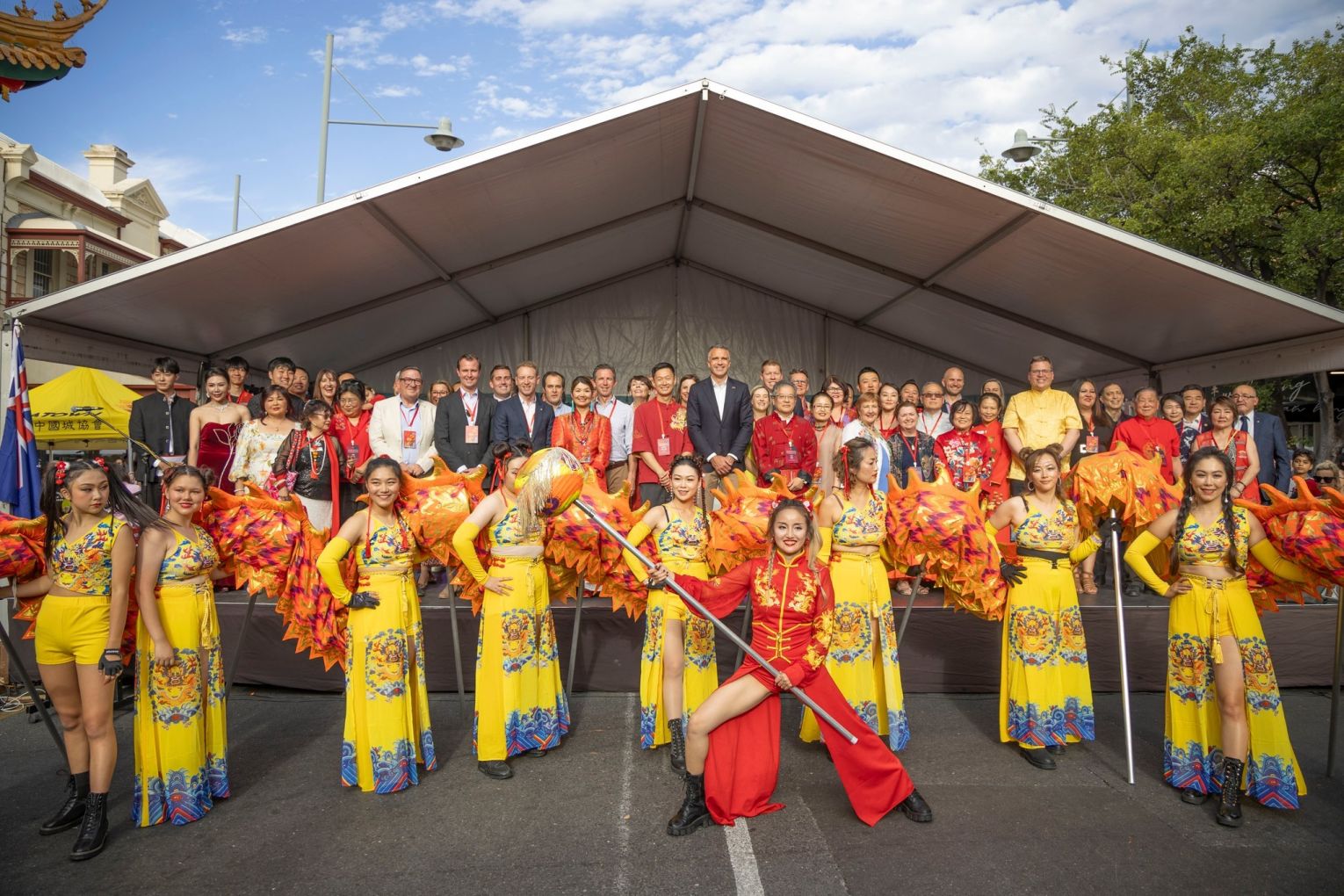 Premier Peter Malinauskas and performers at the Chinatown Lunar New Year Street Party 2024.