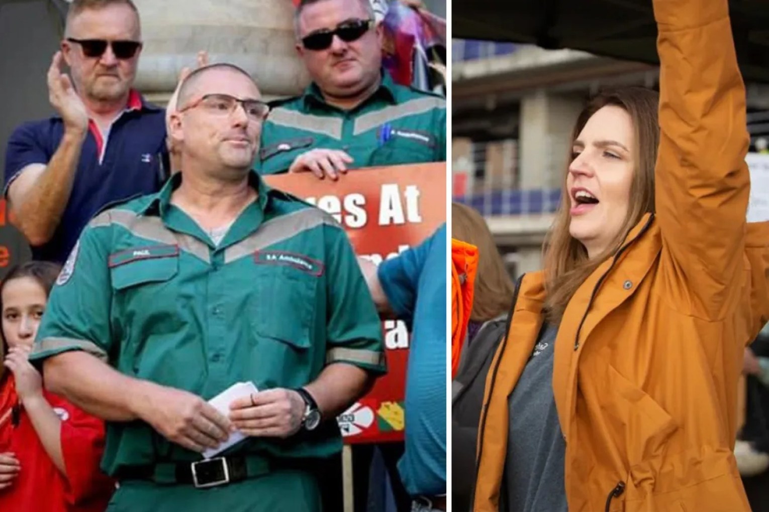 Incoming Ambulance Employees Association general secretary Paul Ekkelboom and outgoing general secretary Leah Watkins. Left photo: Facebook, right photo: Brett Hartwig/InDaily