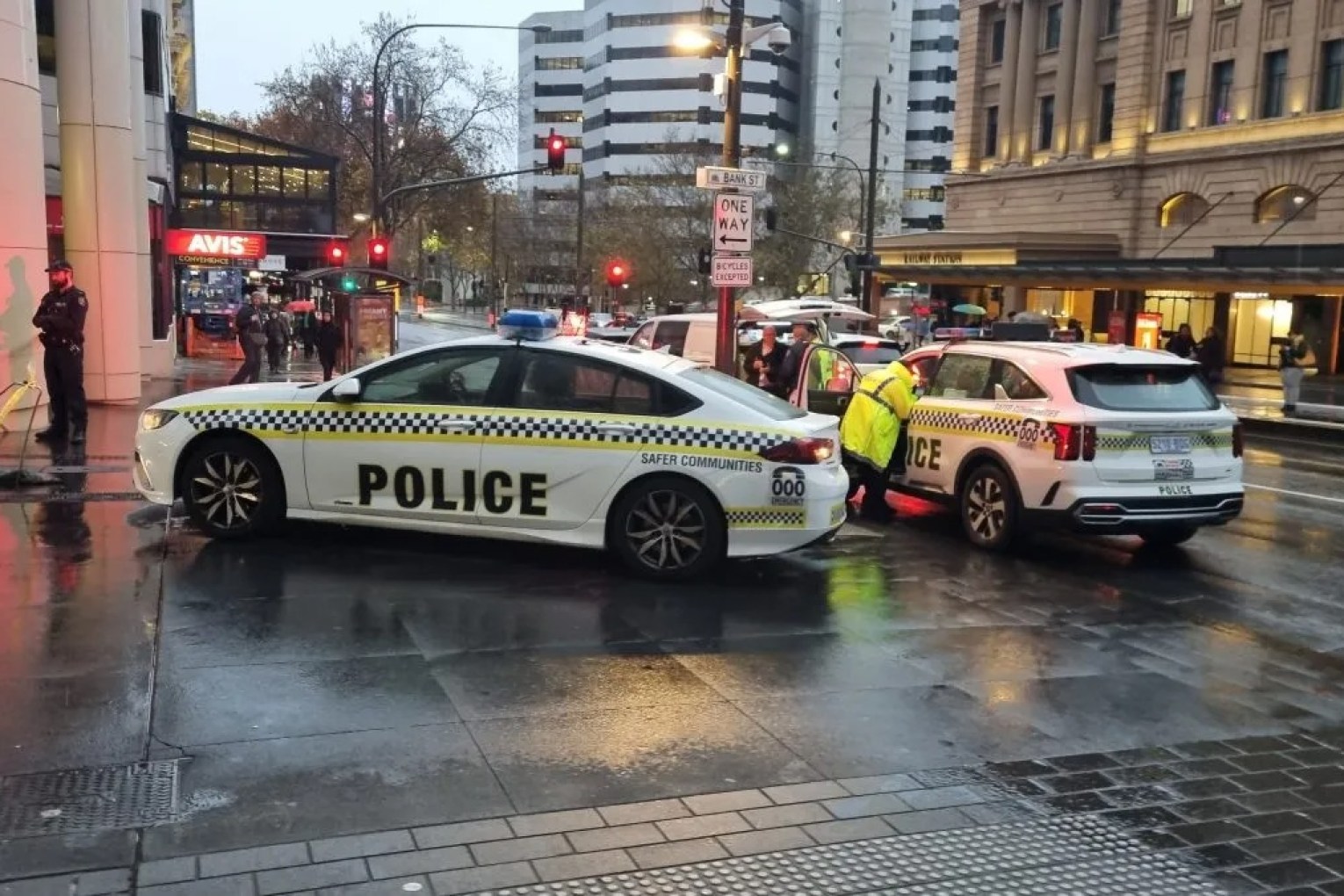 Police respond to an incident off North Terrace this morning. Photo: Thomas Kelsall/InDaily 