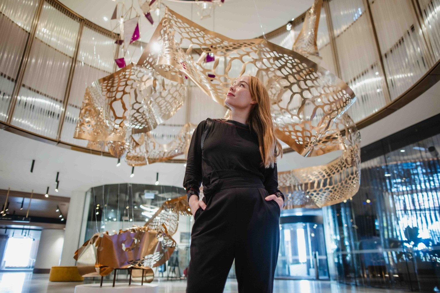 Elysha Rei with her 25m artwork (Seijaku): Serenity at the Brisbane Quarter precinct. Photo: PixelPunk 