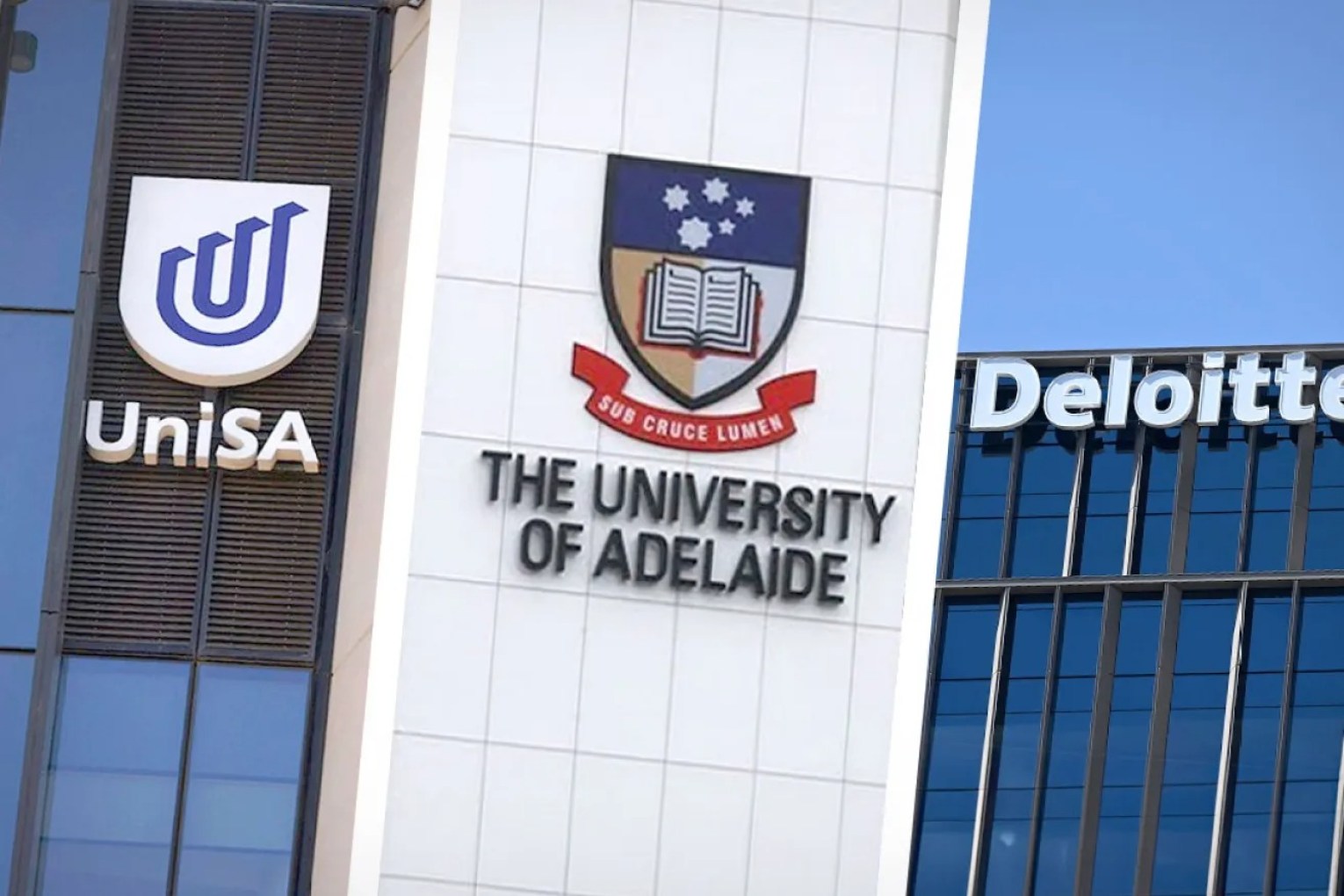 Deloitte will play a key role in managing the merger of the University of Adelaide and UniSA. Left and centre photo: Tony Lewis/InDaily. Right photo: Dan Himbrechts/AAP