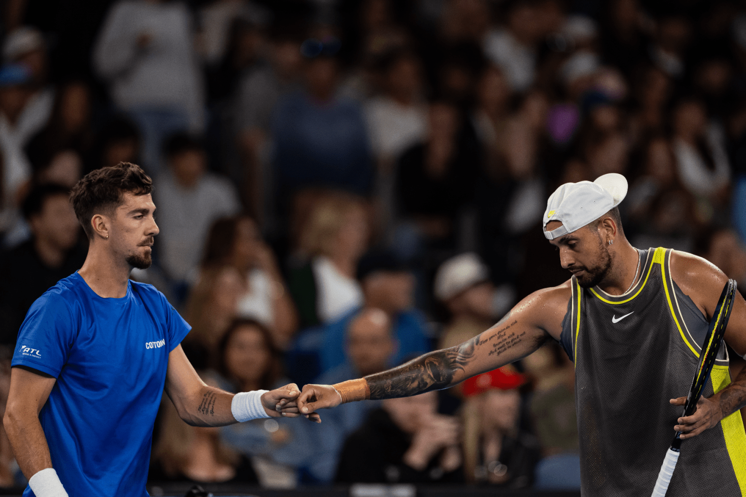 Thanasi Kokkinakis and Nick Kyrgios during their match against James Duckworth of Australia and Aleksandar Vukic of Australia in the first round of the men's doubles at the 2025 Australian Open. Photo: Mike Frey-Imagn Images/Sipa USA.