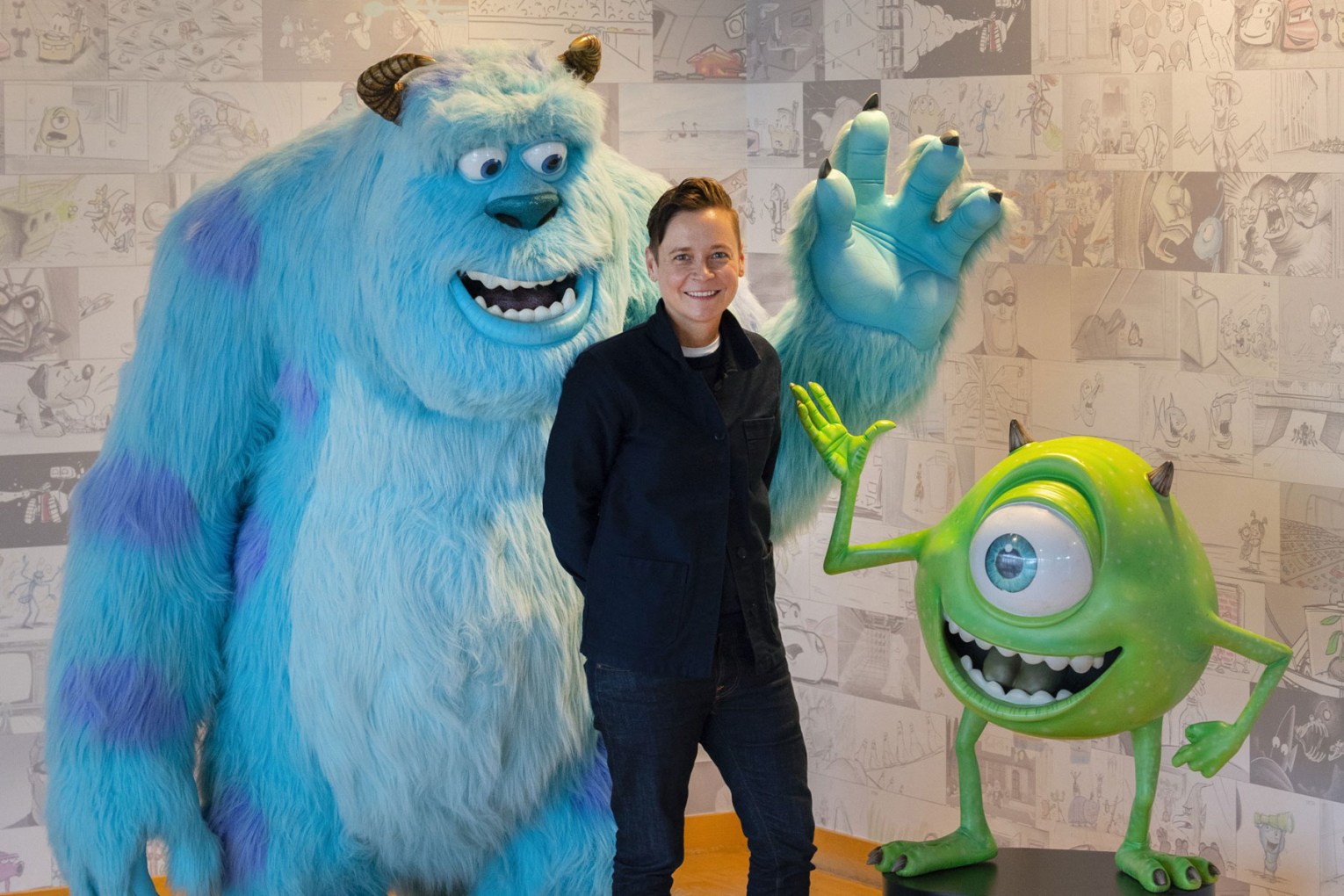 Lucy Laliberte with friends from Monsters, Inc. at her workplace in California. Photo: Deborah Coleman, Pixar
