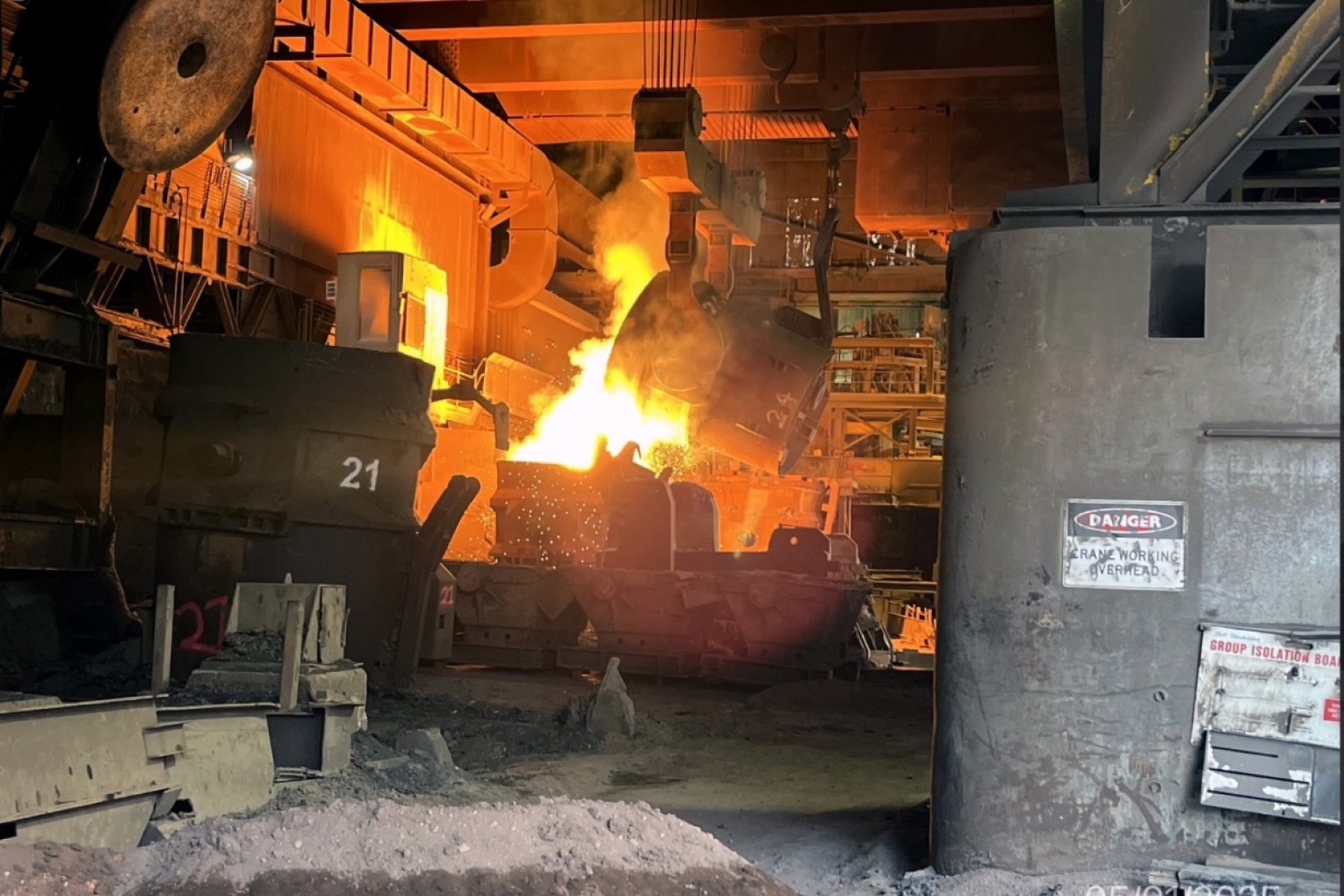 The first hot metal ladle pouring hotel metal after the Whyalla steelworks' blast furnace came back online. Photo: Supplied.