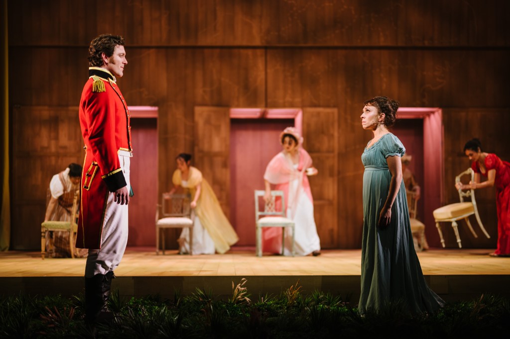 Andrew Hearle as (sigh), Mr Darcy and Maddison Burridge as Elizabeth Bennet in Queensland Theatre's season opener, Pride & Prejudice. Photo: Morgan Roberts