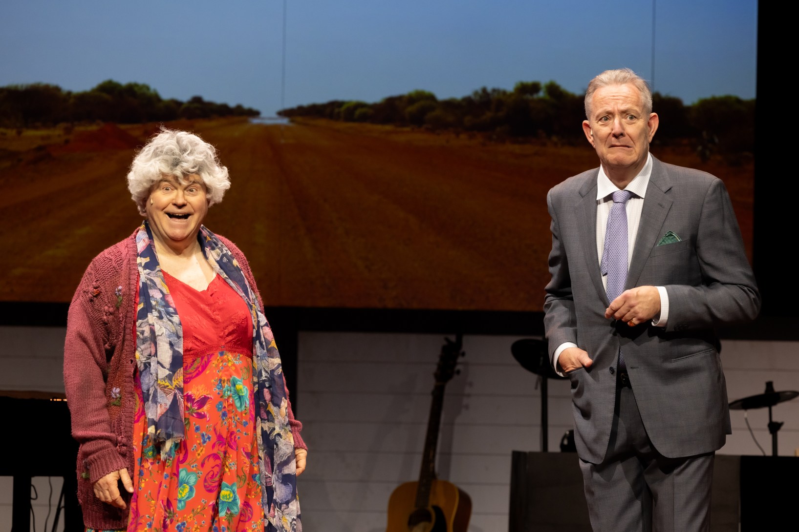 Miriam Margolyes (Phillip Scott) meets King Charles (Jonathan Biggins) in the Outback in The Wharf Revue's fabulous finale.
