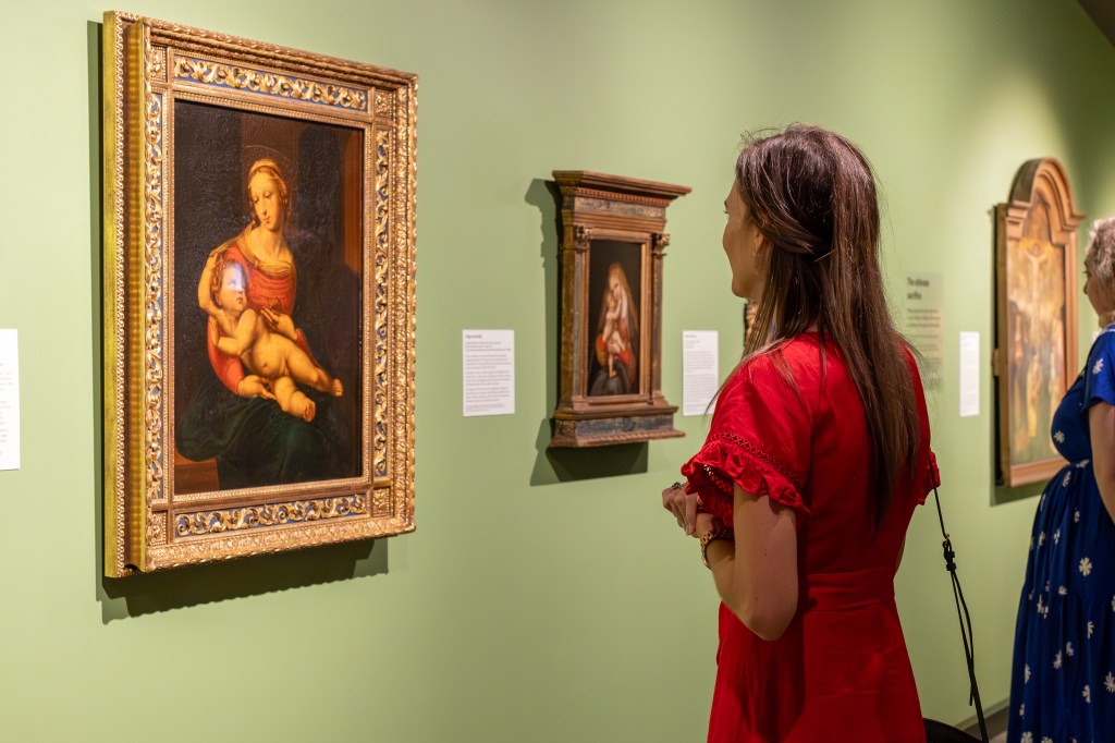 City of Moreton Bay Cr Brooke Savige before a copy of Raphael’s Bridgewater Madonna at the Abbey Museum's  new art gallery. Photo: Traceydee Axelsen