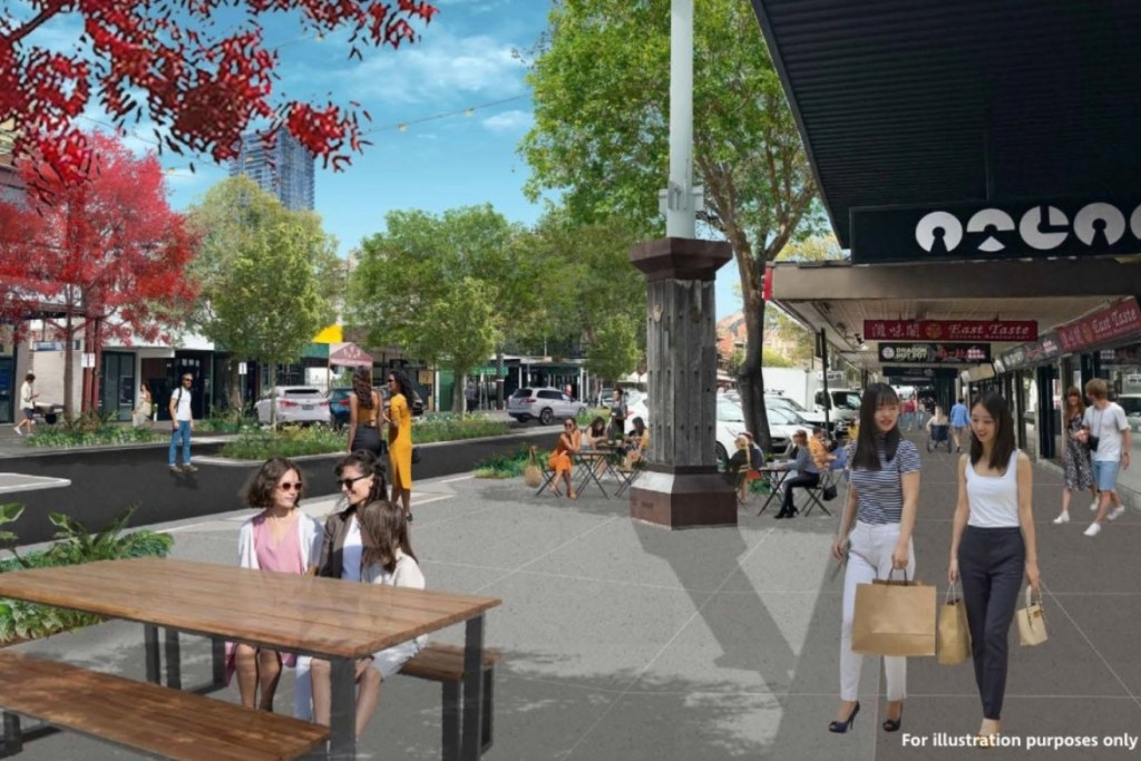 A render of the Gouger Street upgrade from the eastward view of the street, featuring an informal pedestrian crossing with new median and green pedestrian nodes. Photo: City of Adelaide.