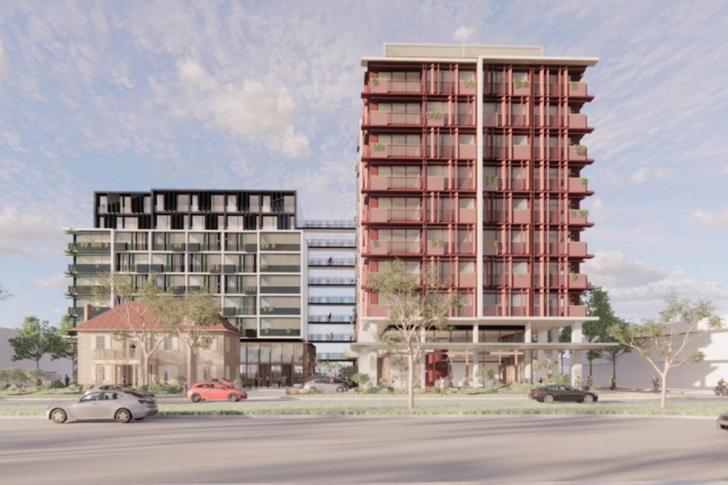 A computer image of the rejected plans for a 9- and 11-storey apartment towers at the AEU headquaters in Parkside. Image: nettletontribe architects