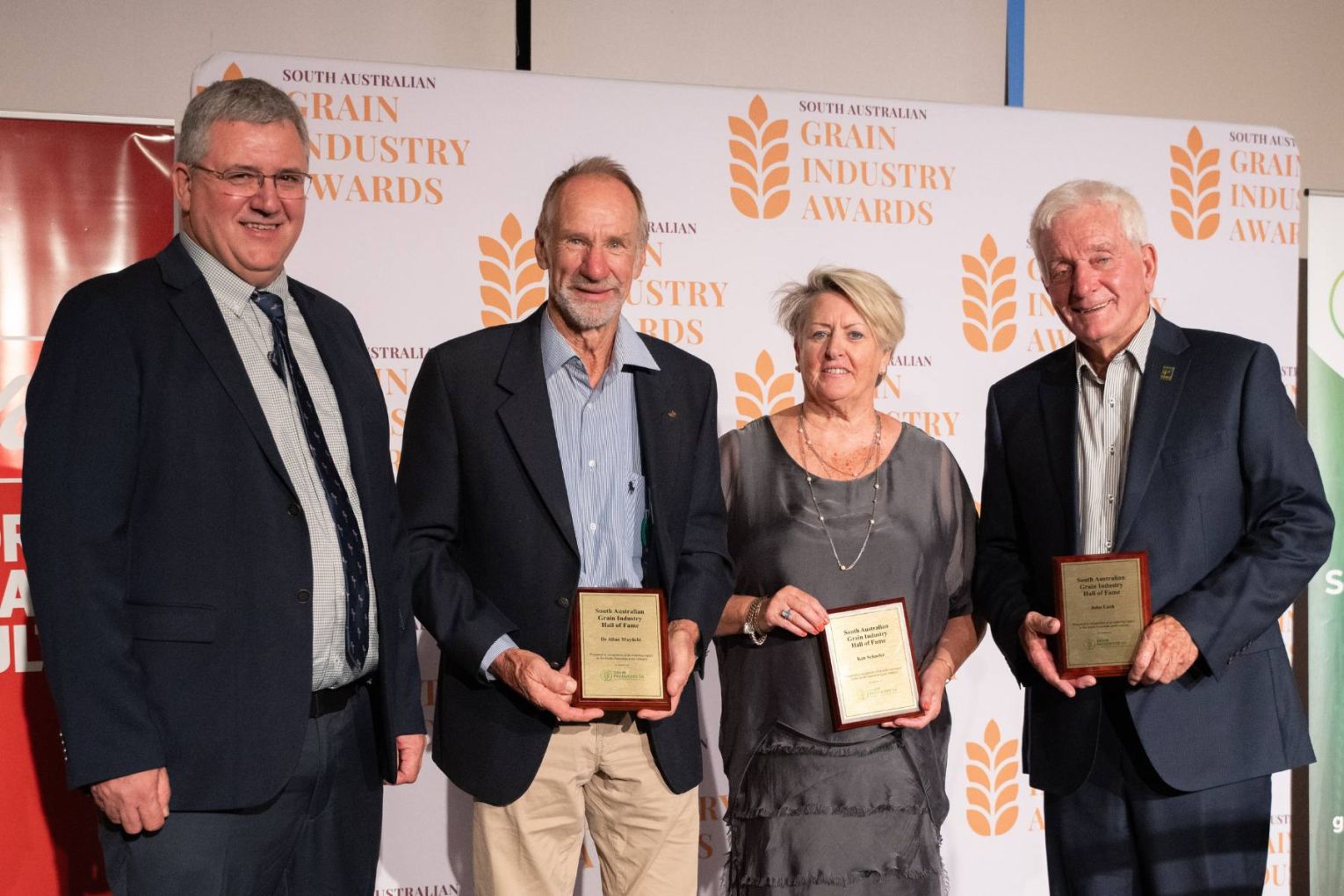 South Australian Grain Industry Hall of Fame inductees with Grain Producers SA Chair John Gladigau (from left) Dr Allan Mayfield, Beth Schaefer on behalf of the late Ken Schaefer and John Lush. Image: Tom Lane