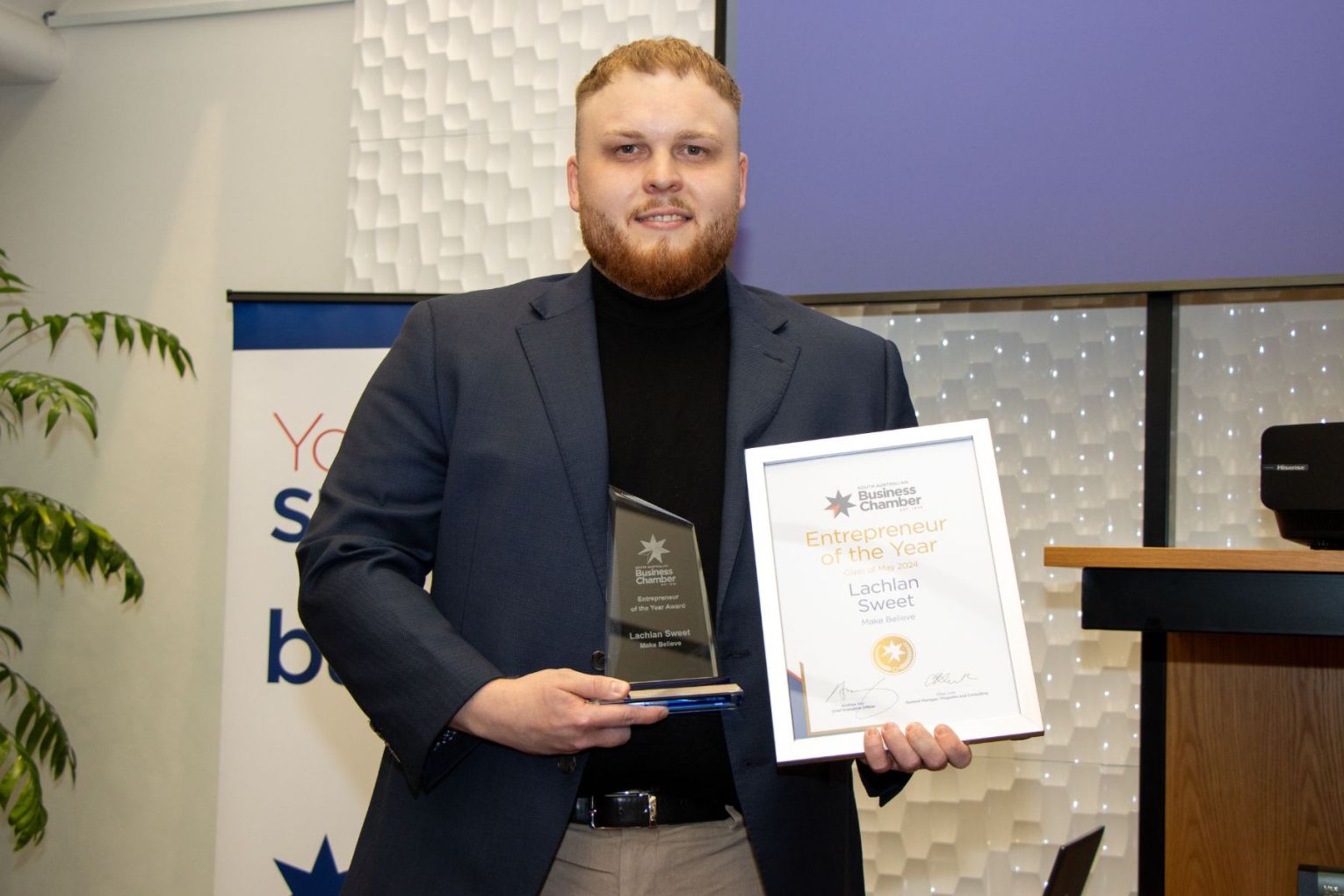 Lachlan Sweet Design founder Lachlan Sweet as its South Australian Young Entrepreneur of the Year for 2025 last week. Photo: Supplied