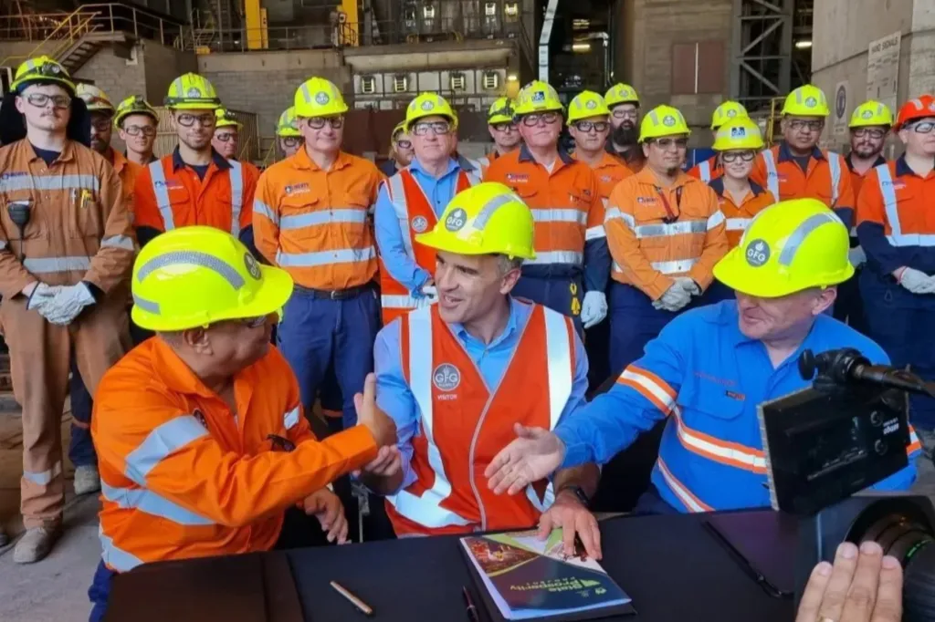 Premier Peter Malinauskas signed agreements with Santos CEO Kevin Gallagher and GFG Alliance chief investment officer Sandip Biswas at the Whyalla Steelworks in February 2024. Photo: Thomas Kelsall/InDaily