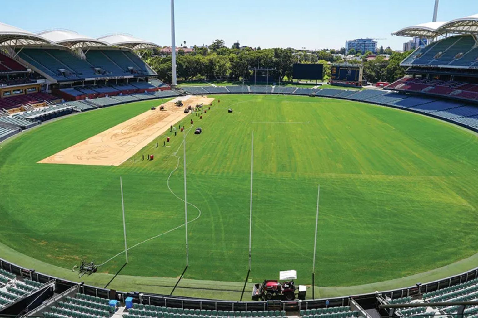 Adelaide Oval contractors replace turf after the Ed Sheeran concert ahead of the AFL season opener.