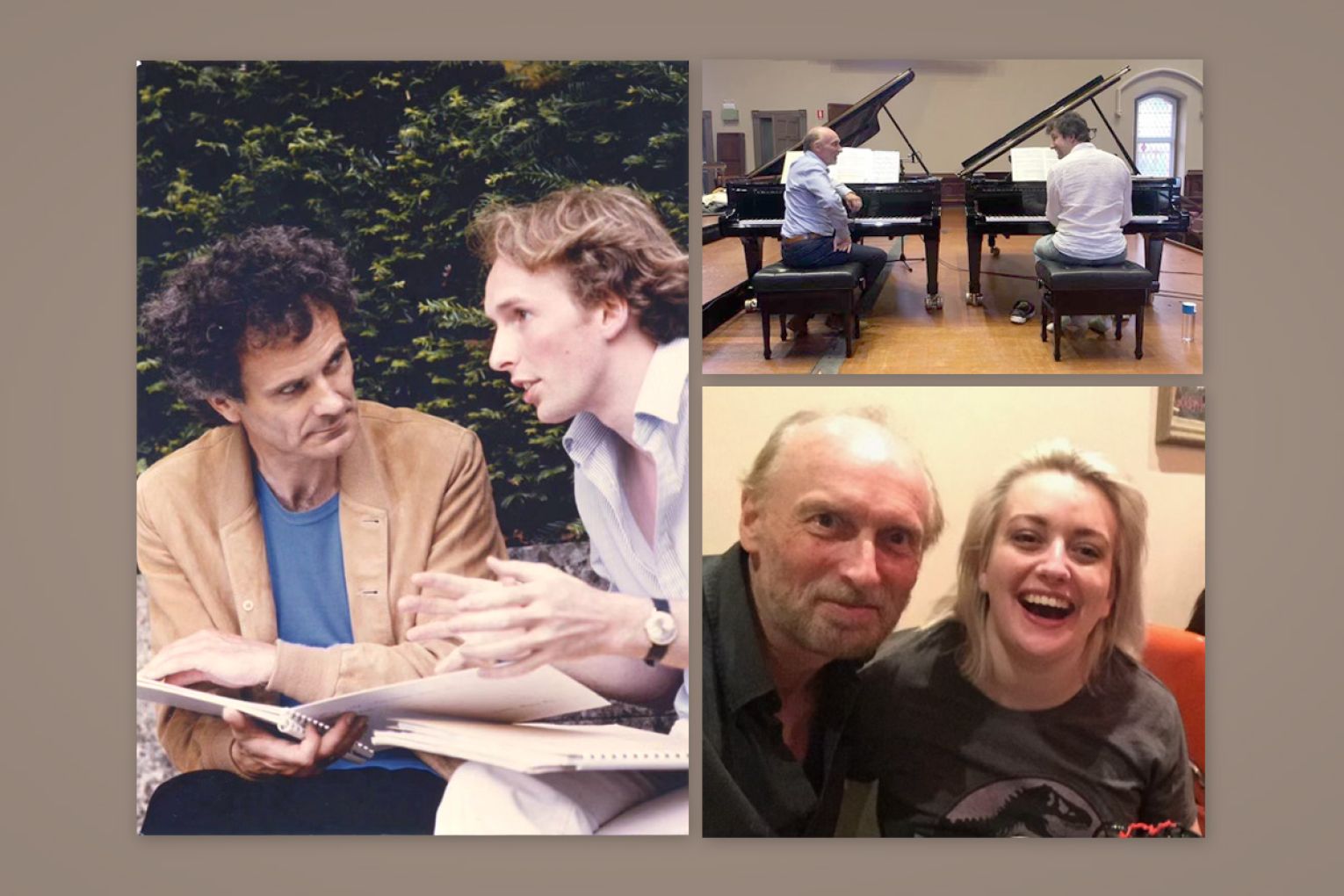 Above left Professor Bodman Rae as a young student with Sir Peter Maxwell Davies (Master of the Queen's Music). Top right The professor composing with Russian pianist Konstantin Shamray and, below, with daughter Isabella.