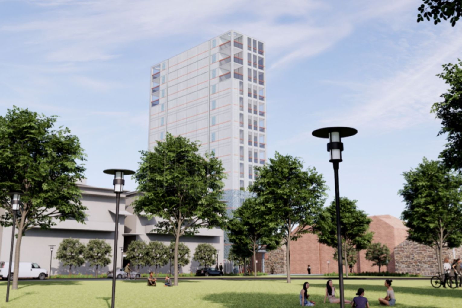 A 14-storey social housing at Whitmore Square has been approved by the state's Planning Commission. Render: tectvs