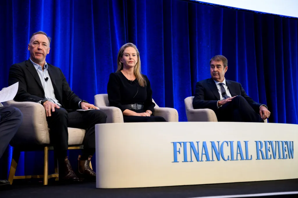 (L-R) Commonwealth Bank of Australia Group Executive Retail Banking Services Angus Sullivan, ING Australia CEO Melanie Evans, and Bendigo and Adelaide Bank CEO Richard Fennell take part in a panel discussion during an Australian Financial Review Banking Summit at the Hilton Sydney, in Sydney, Tuesday, March 18, 2025. (AAP Image/Bianca De Marchi)