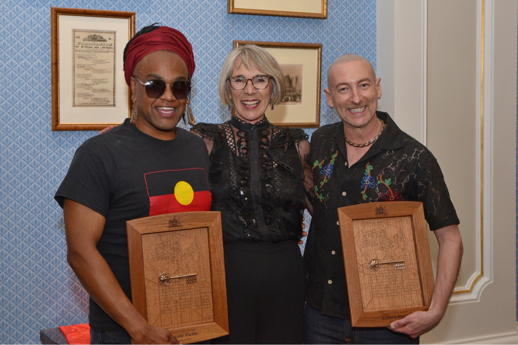 Zaachariaha Fielding and Michael Ross, who make up Electric Fields, were awarded the key to the city by Lord Mayor Jane Lomax-Smith last night. This picture: City of Adelaide 