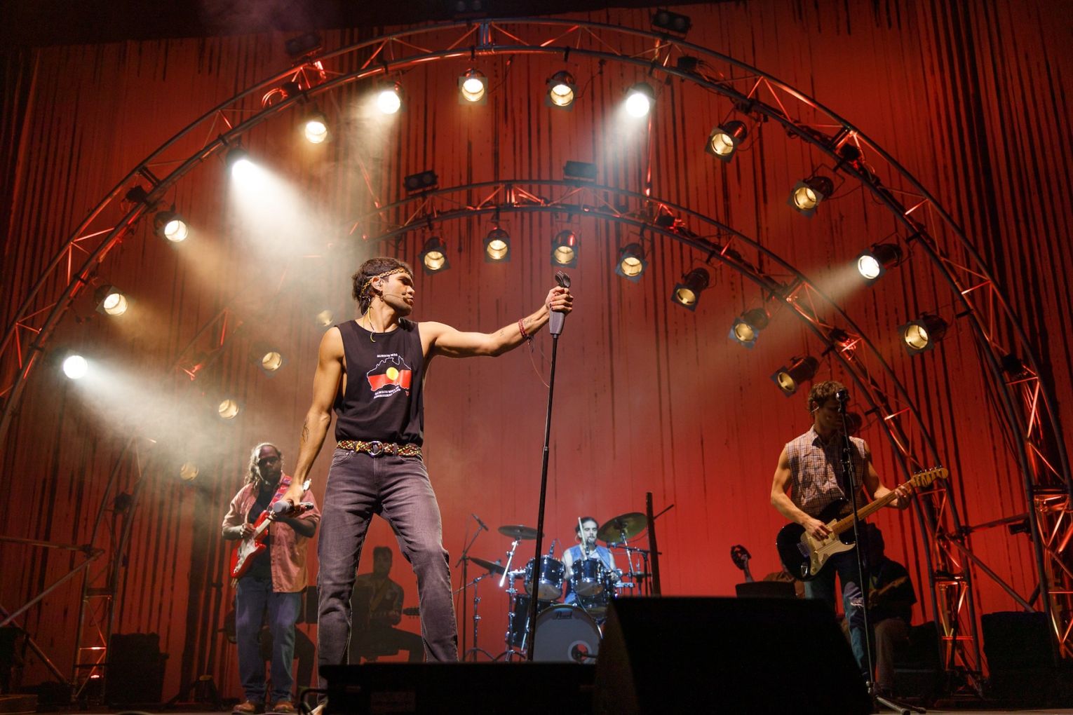 Taj Pigram, Baykali Ganambarr, Teangi Knox and Jackson Peele perform in Big Name, No Blankets. Photo: James Henry / Supplied