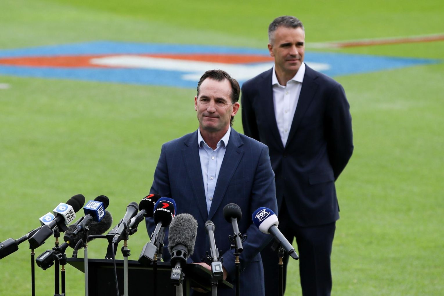 AFL chief Andew Dillon and SA Premier Peter Malinauskas will soon negotiate Gather Round's future. Image: Matt Turner/AAP