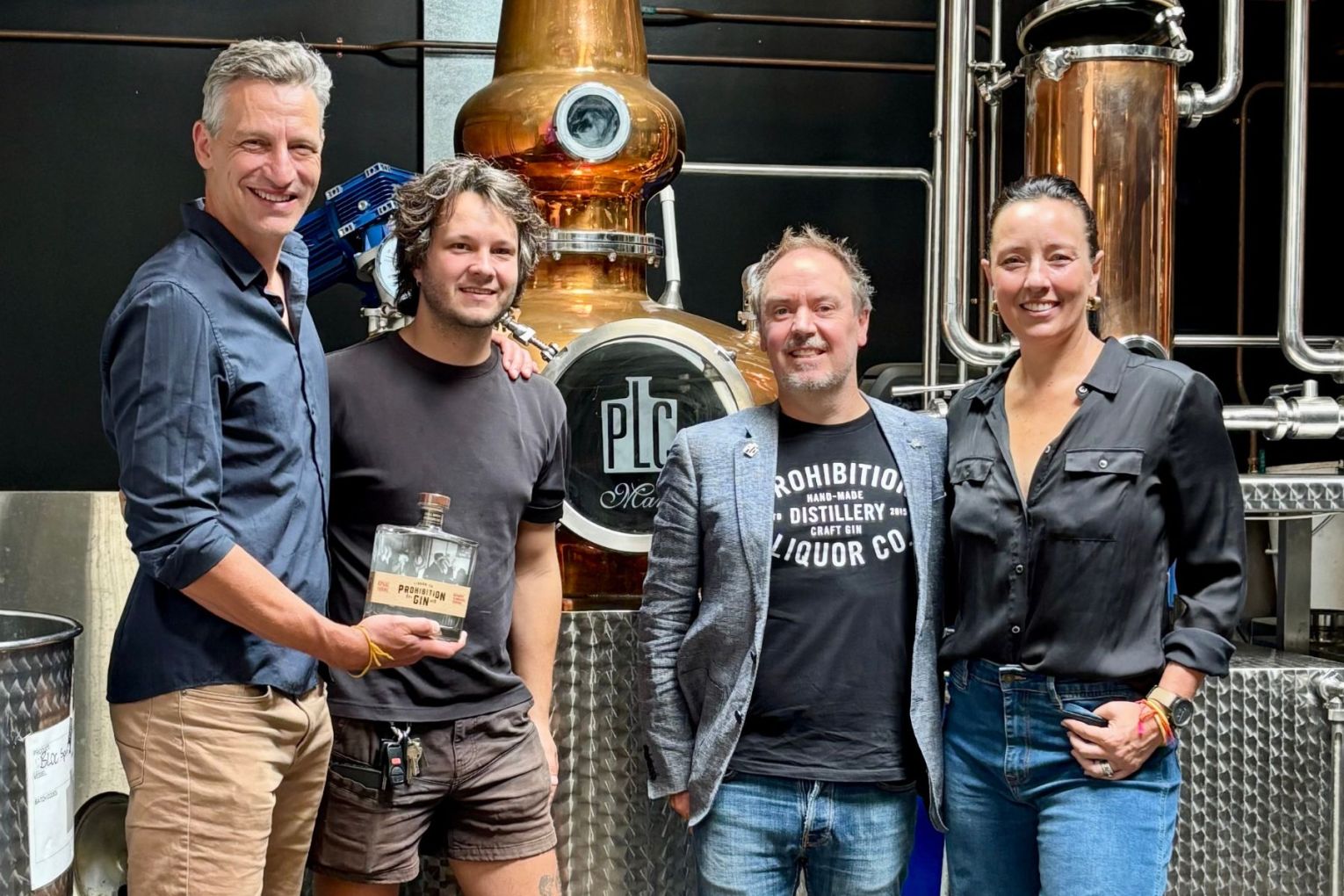 Matt Clarke, Prohibition Liquor Co head distiller Hugh Lumsden, founder Adam Carpenter and Ali Clarke. Photo: Supplied