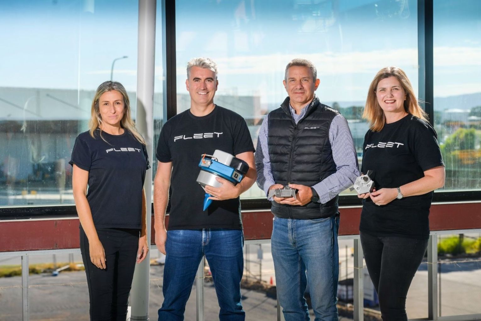 Flavia Tata Nardini (CEO, Co-Founder), Matt Pearson (CXO, Co-Founder), Federico Tata Nardini (CFO, Chief Strategy & Investment Officer), Robyn Clay, (COO). Photo: Fleet Space Technologies