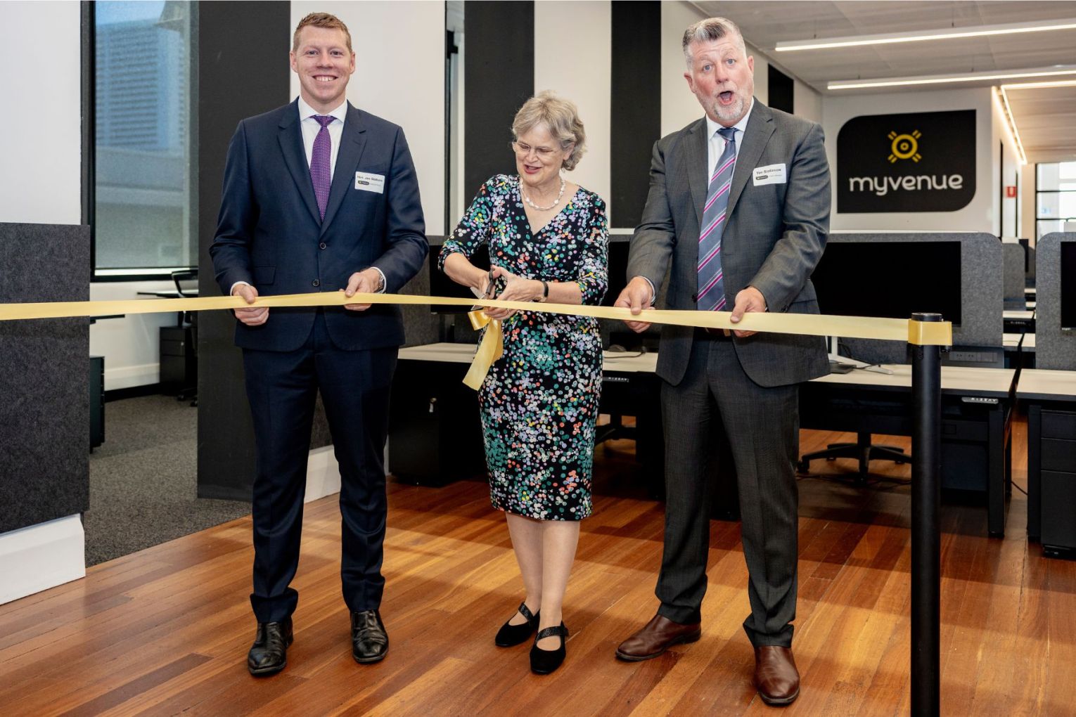 Trade and Investment Minister Joe Szackacs, Her Excellency the Honourable Frances Adamson AC and MyVenue CEO Tim Stollznow. Photo: FrankieTheCreative