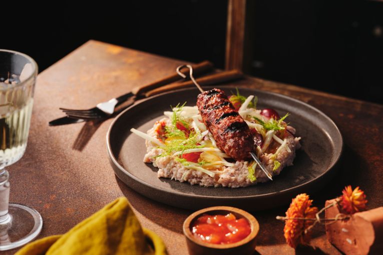 Thumbnail for Goat sausages with ‘nduja, almond skordalia and fennel and grape salad