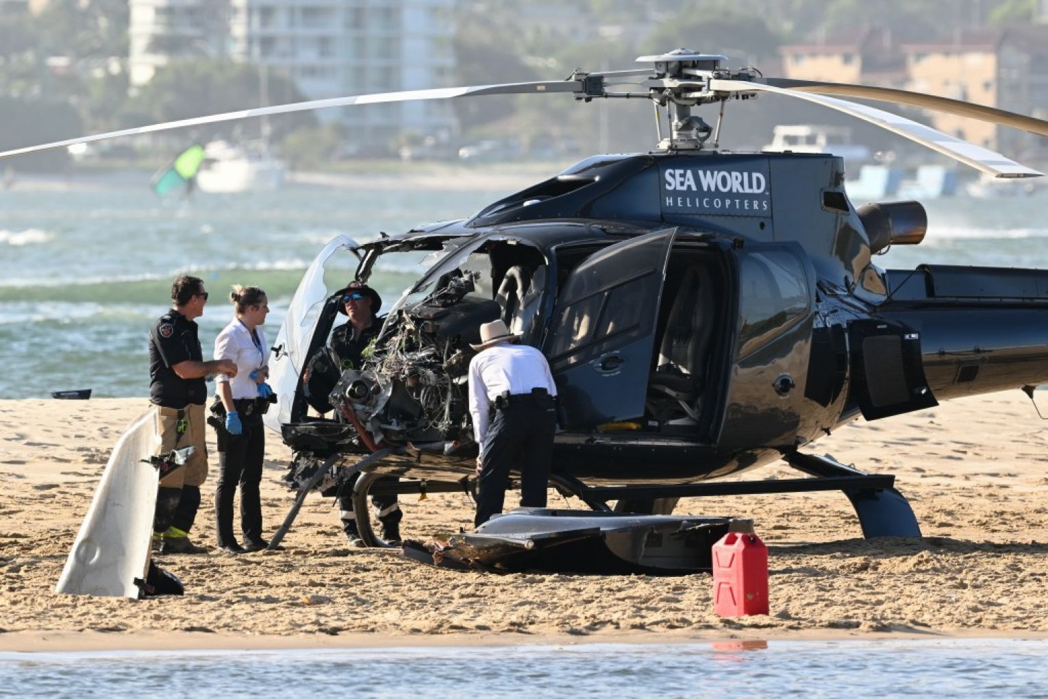 Four tourists died when two helicopters collided near the popular marine theme park.