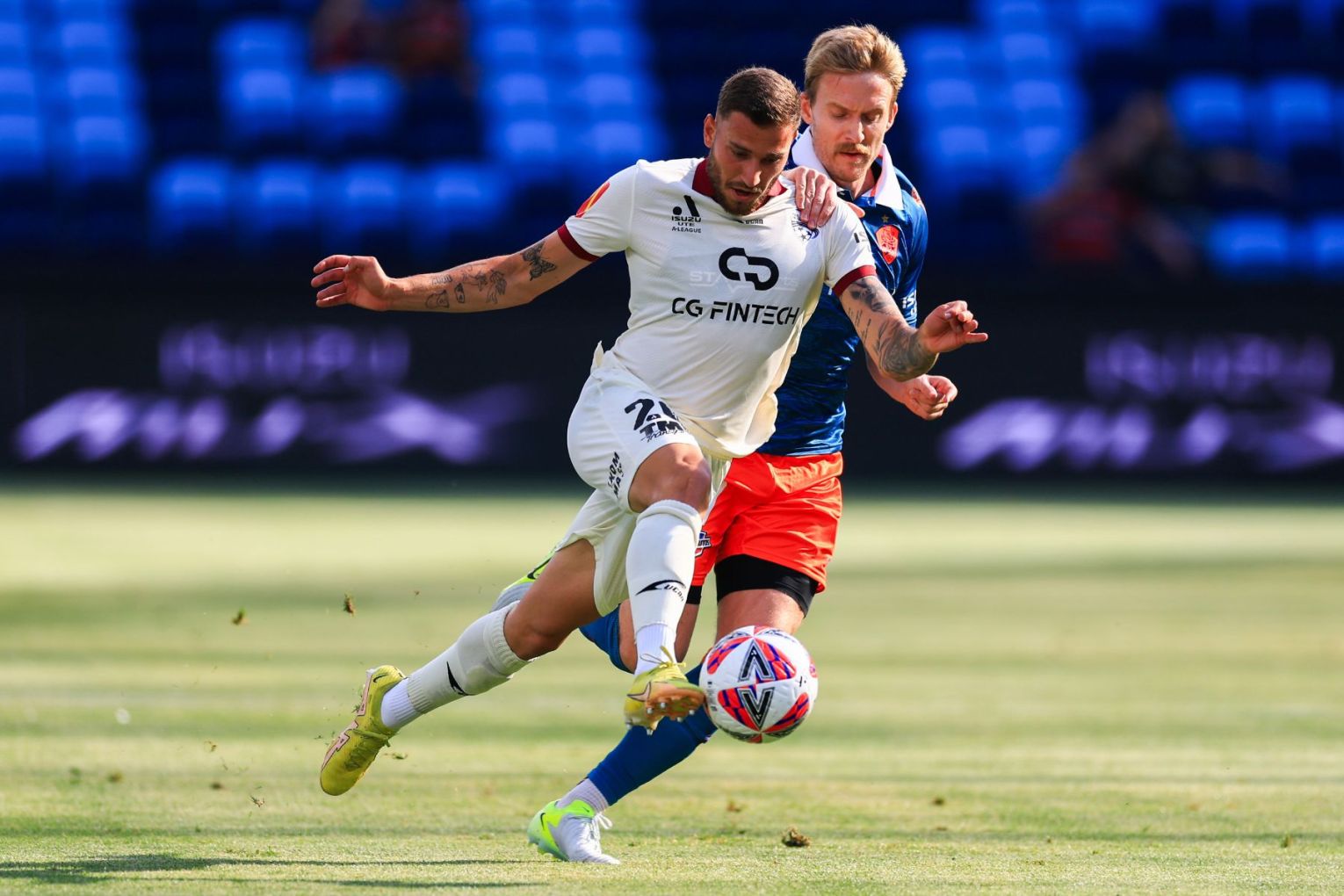 Dylan Pierias (front) gave Adelaide an early lead in their 1-1 draw with Brisbane. Picture: Mark Evans/AAP 