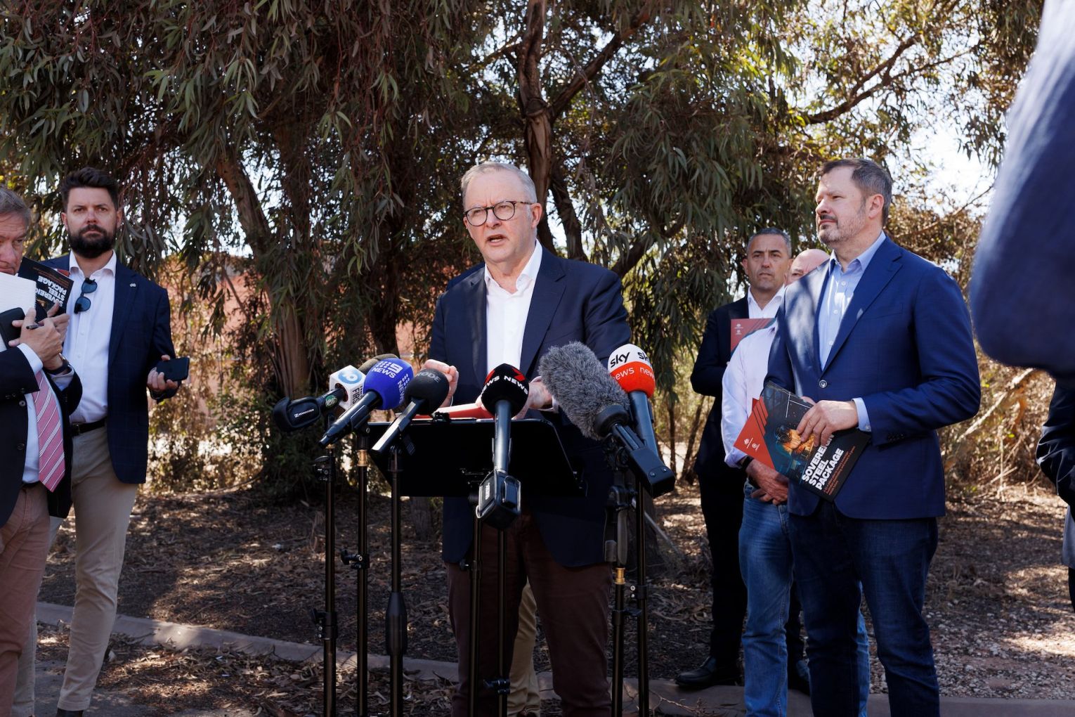 Prime Minister Anthony Albanese speaks to the media during a press conference outside the Whyalla steelworks in Whyalla, South Australia, Wednesday, February 20, 2025. Photo: AAP/Isabella Ward