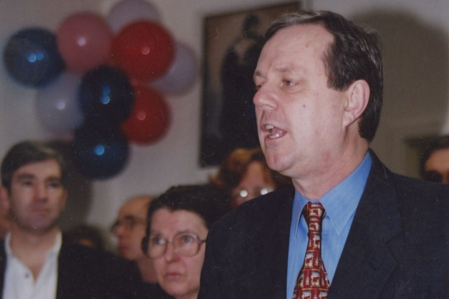 Mike Rann, Premier of South Australia, speaks to supporters of Jane Lomax-Smith, Labor candidate for the state seat of Adelaide in 2002. Photo: David Sage/State Library of South Australia.