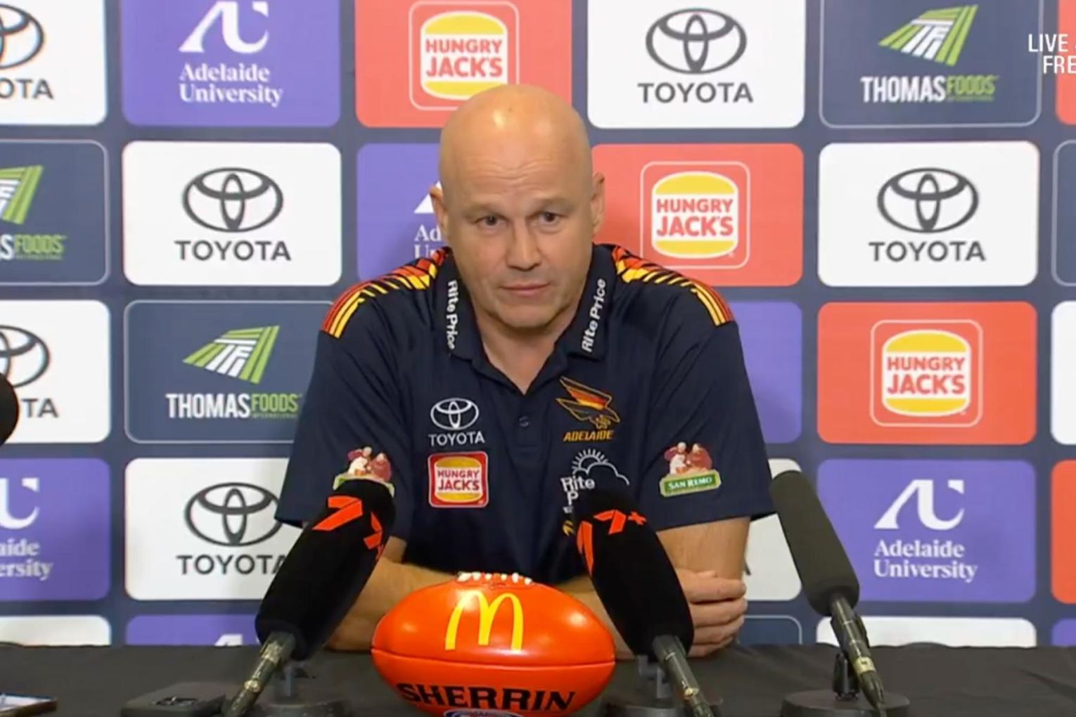 Adelaide Crows coach Matthew Nicks addressed the media following their Gather Round loss to Geelong this season. Picture: AFL