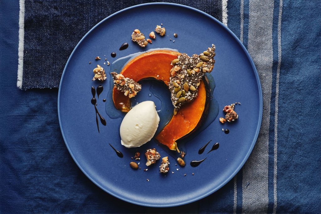 Thumbnail for Candied pumpkin with tahini cream & pepita crunch