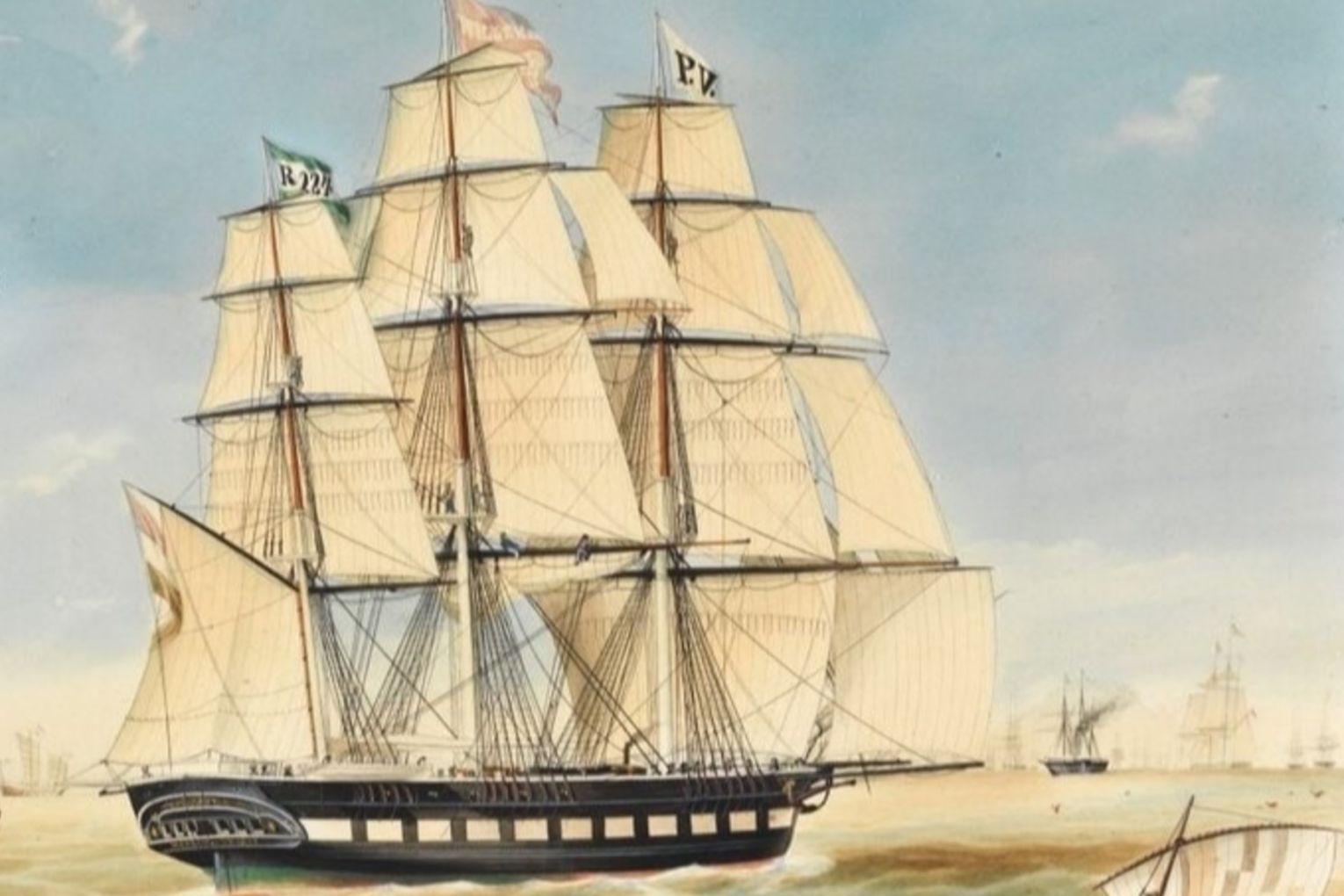 Koning Willem de Tweede at Batavia, 1849. Watercolour by Jacob Spin. Image: Courtesy Rotterdam Maritime Museum.