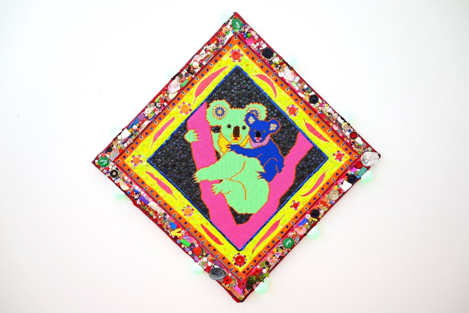 Paul Yore, Koalas (Green & Blue), 2025, mixed media, 91.5 x 91.5 x 5 cm
