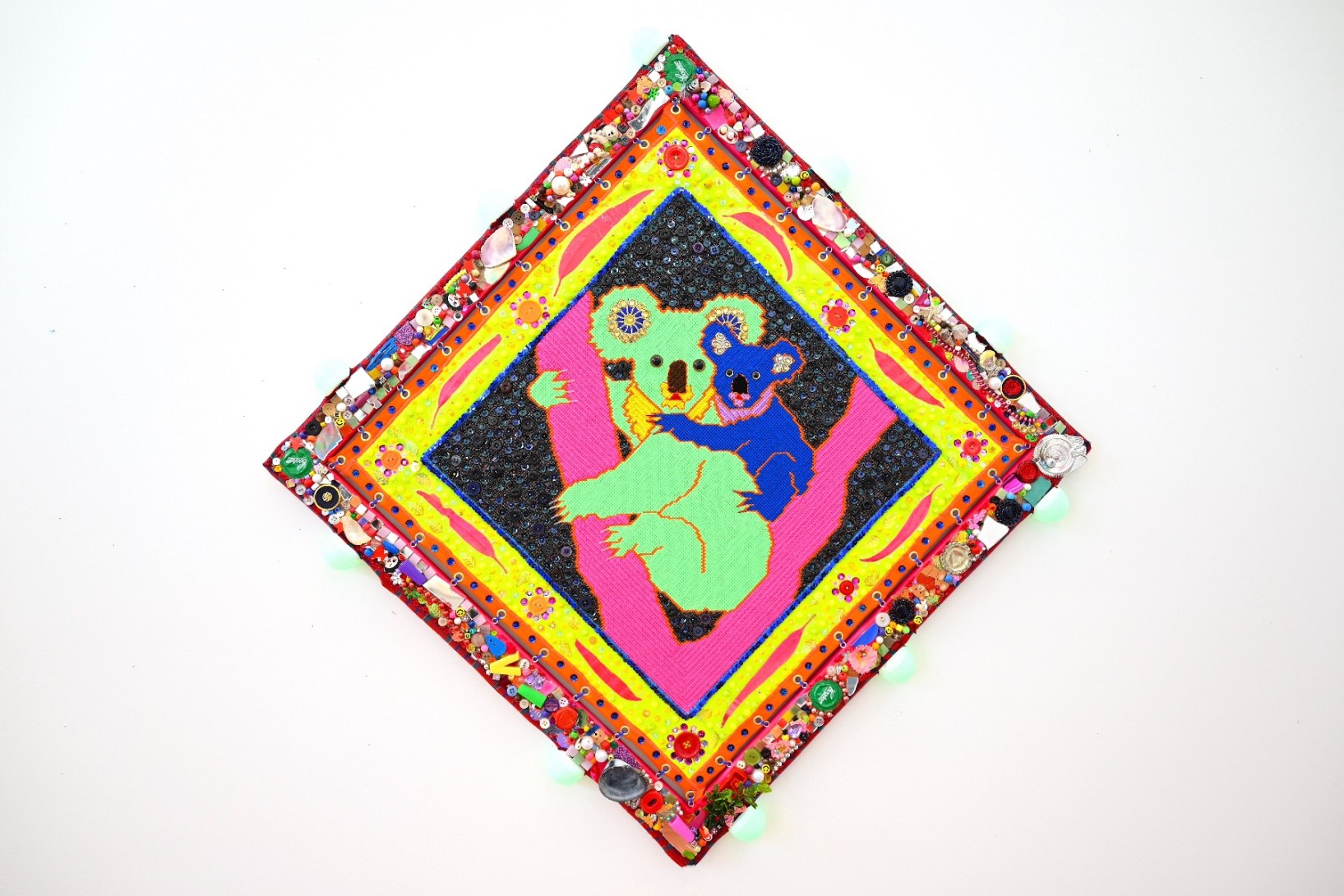 Paul Yore, Koalas (Green & Blue), 2025, mixed media, 91.5 x 91.5 x 5 cm