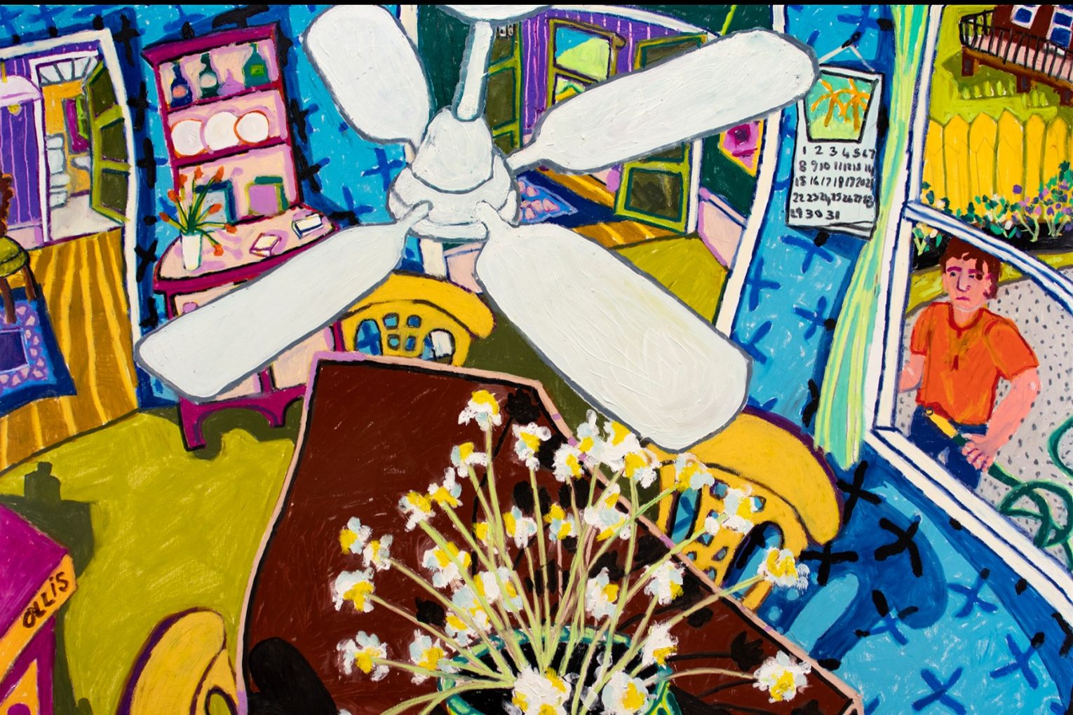 Weatherboard with fan is one of the colourful works you will see at Bernard Ollis' latest exhibition at Mitchell Fine Art.