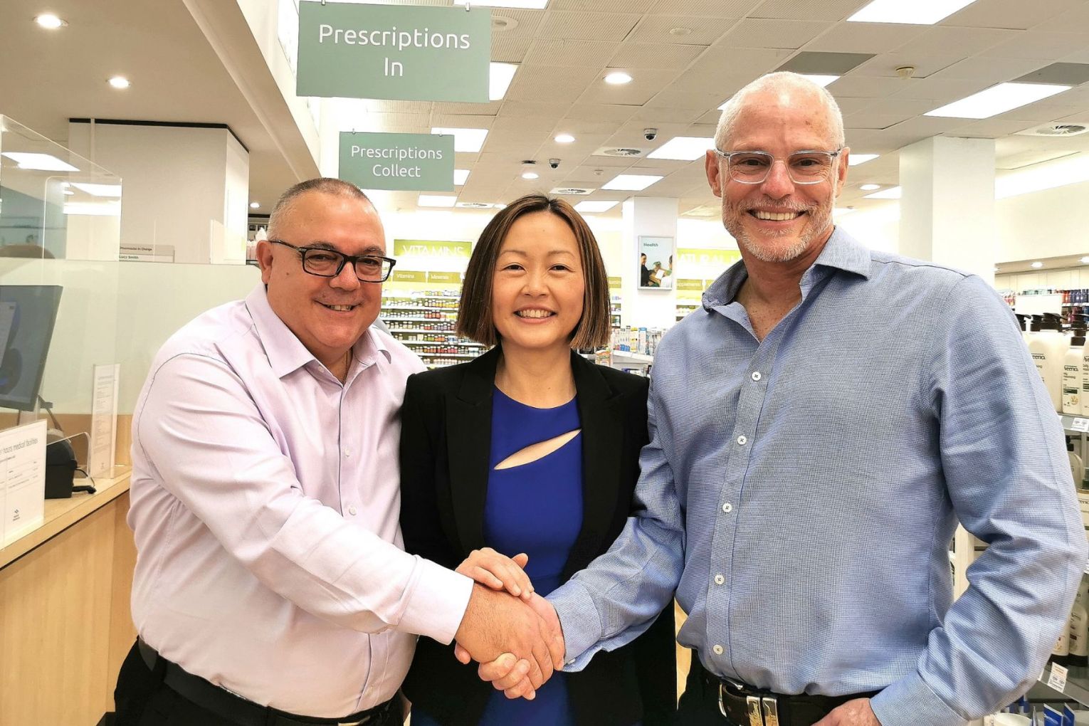 (L-R) National Pharmacies CEO Vito Borrello, Partnered Health Medical Centres Chief Medical Officer Dr Shirley Fung and Partnered Health Primary Care CEO Michael Broadbent. Photo: Supplied
