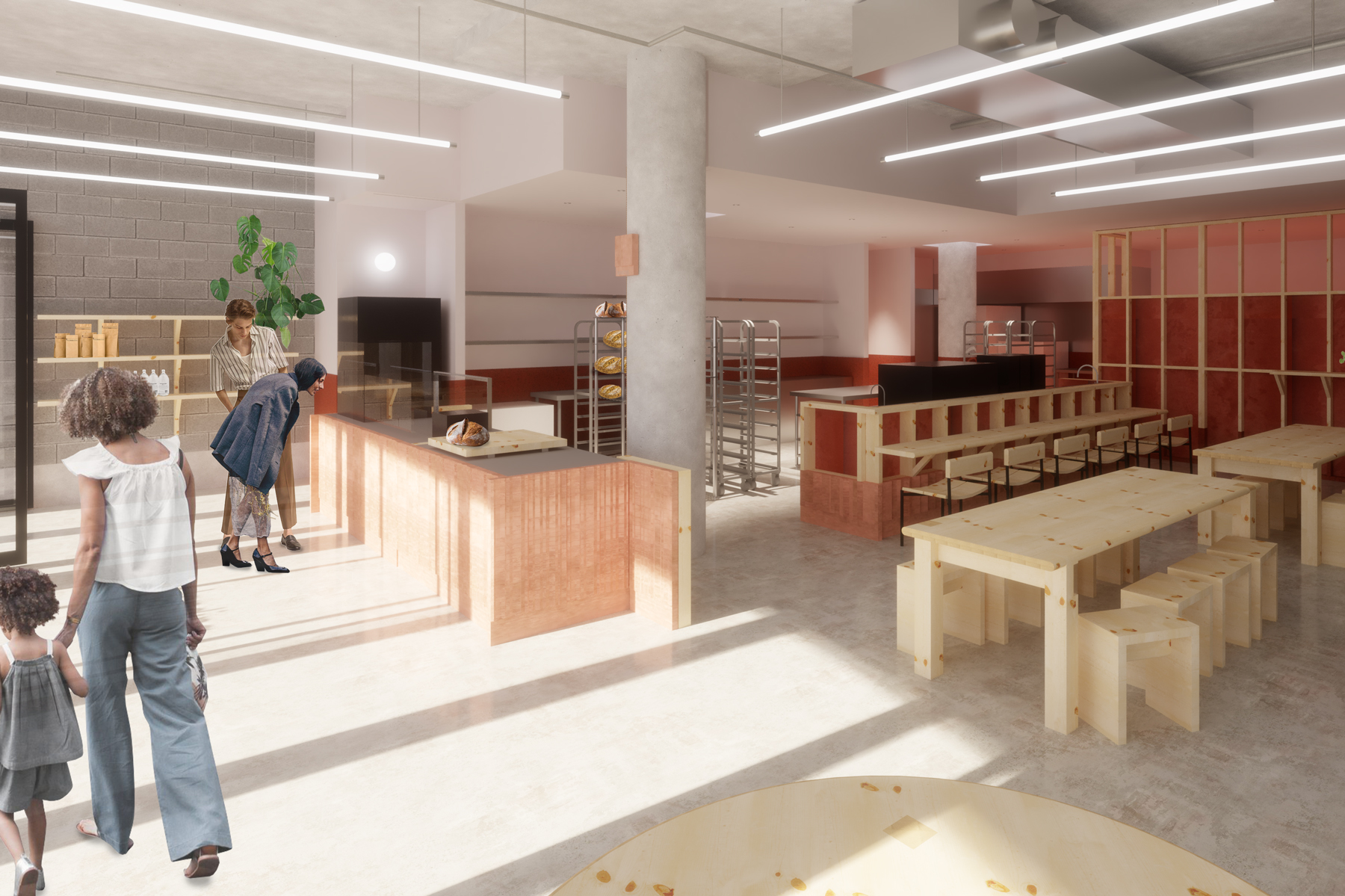 A rendering of Landing Bakery's interior, co-designed by Clare Kennedy of Five Mile Radius and Matthew James Reynolds (ma-jr)
