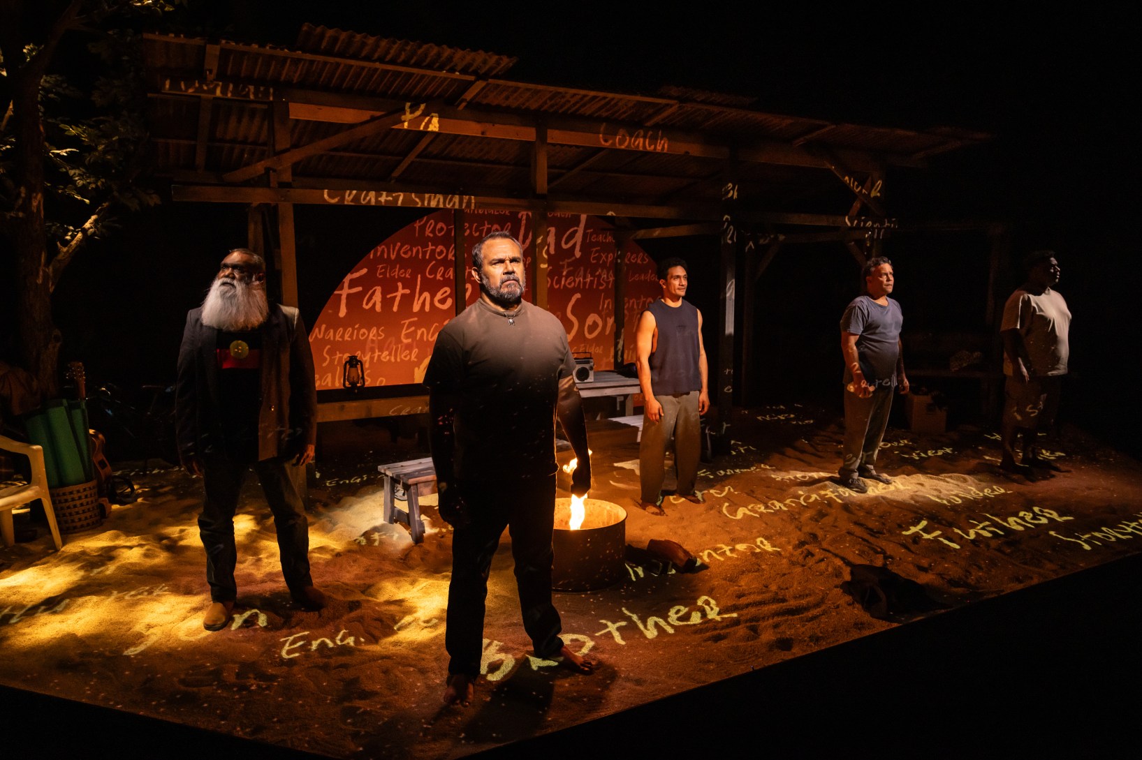 Trevor Jamieson, Aaron Pedersen, Waangenga Blanco, Kirk Page and Jimi Bani star in Queensland Theatre's production of Dear Son. Photo: David Kelly