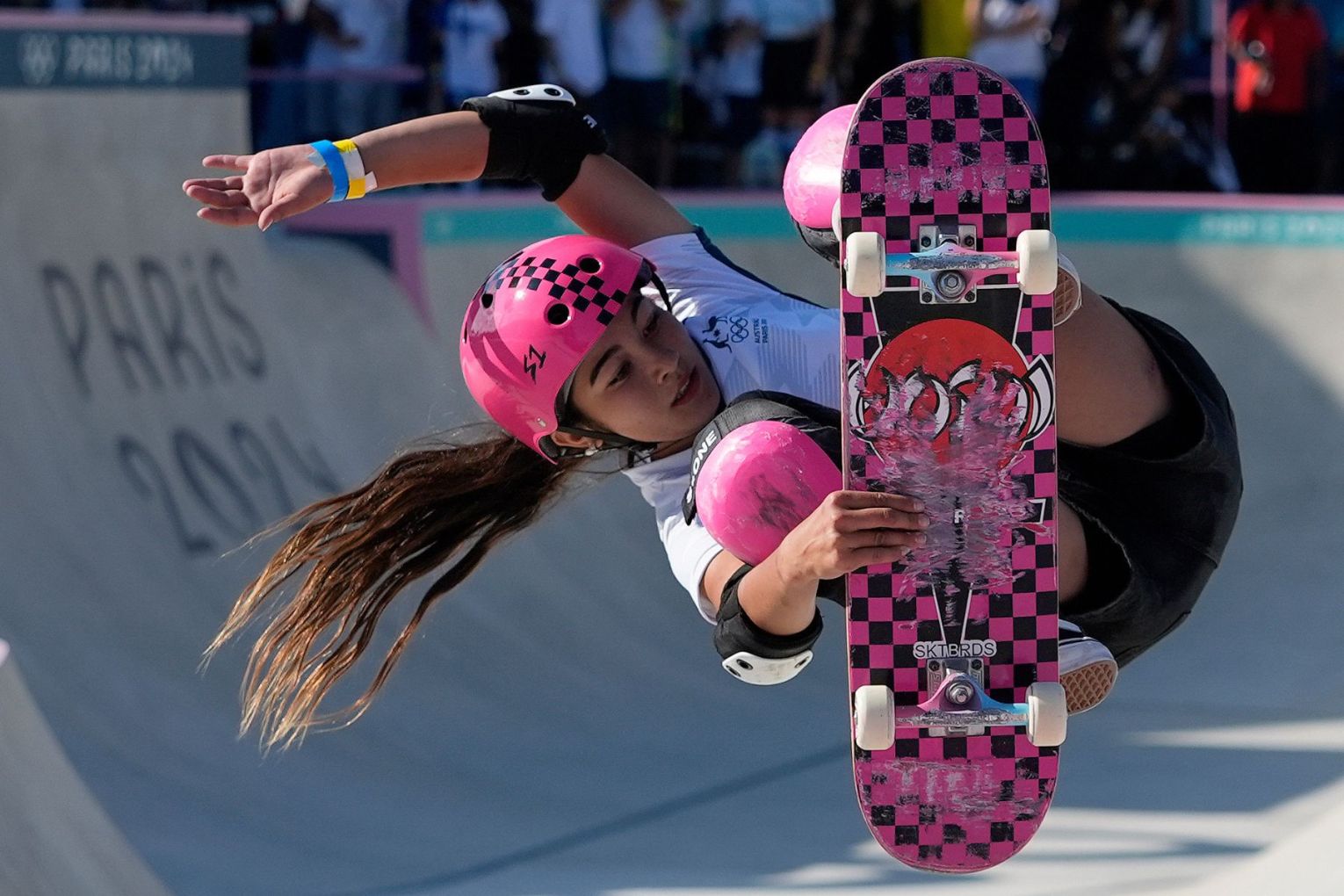 Arisa Trew of Australia competes during the women's skateboarding park final at the 2024 Summer Olympics. Photo: Frank Franklin II/AP